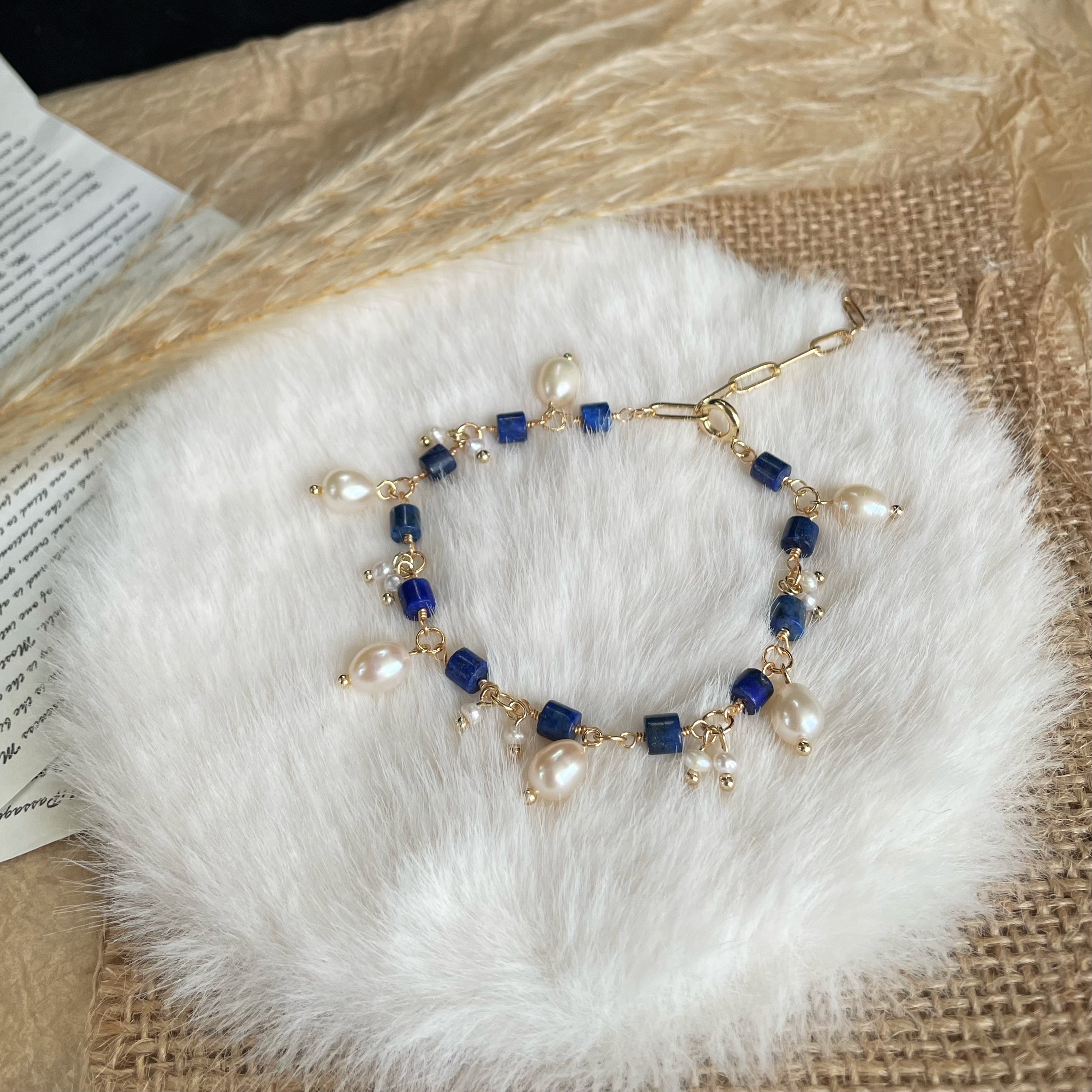 Handmade Lapis Lazuli and Freshwater Pearl Dangles Bracelet Dainty Statement Jewelry