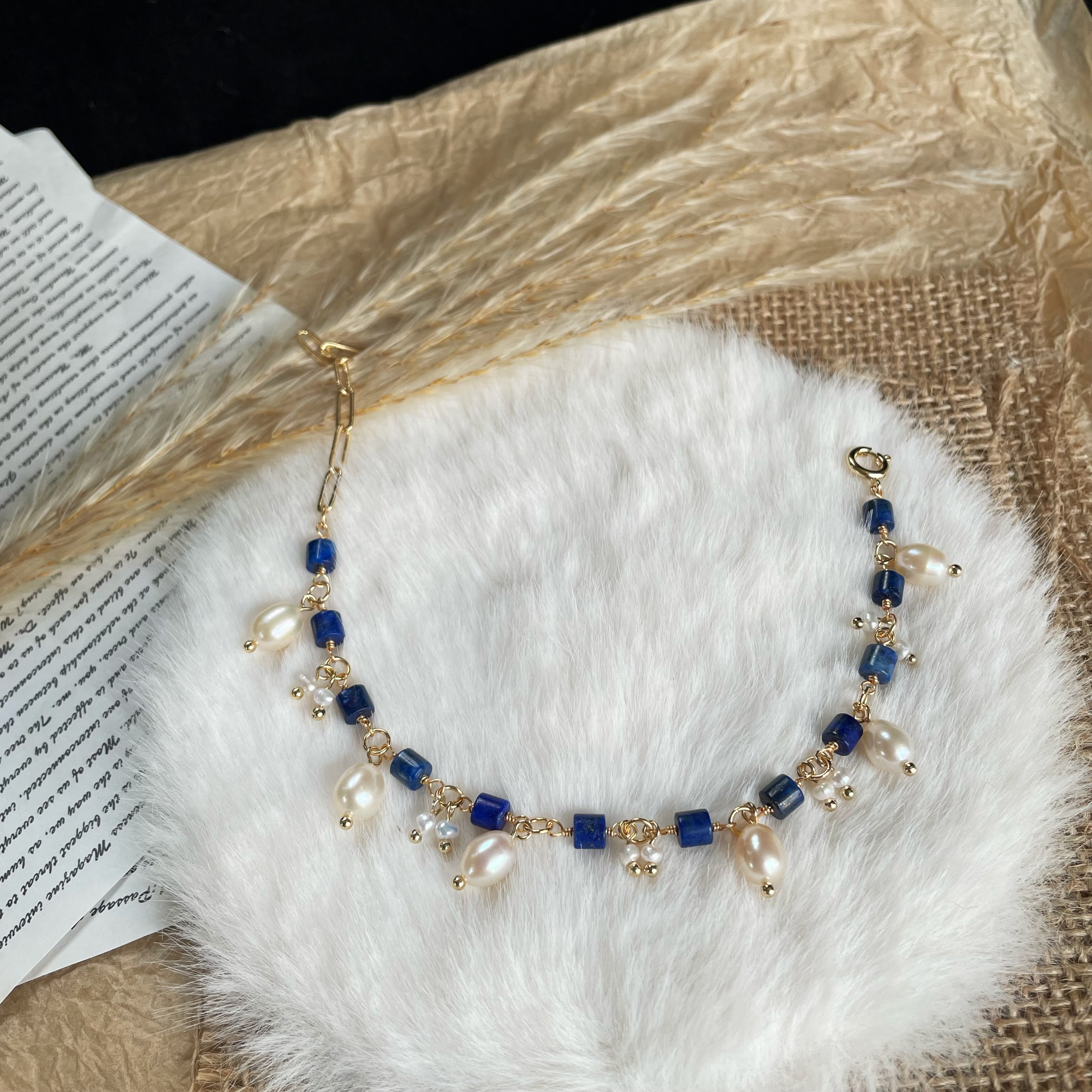 Handmade Lapis Lazuli and Freshwater Pearl Dangles Bracelet Dainty Statement Jewelry