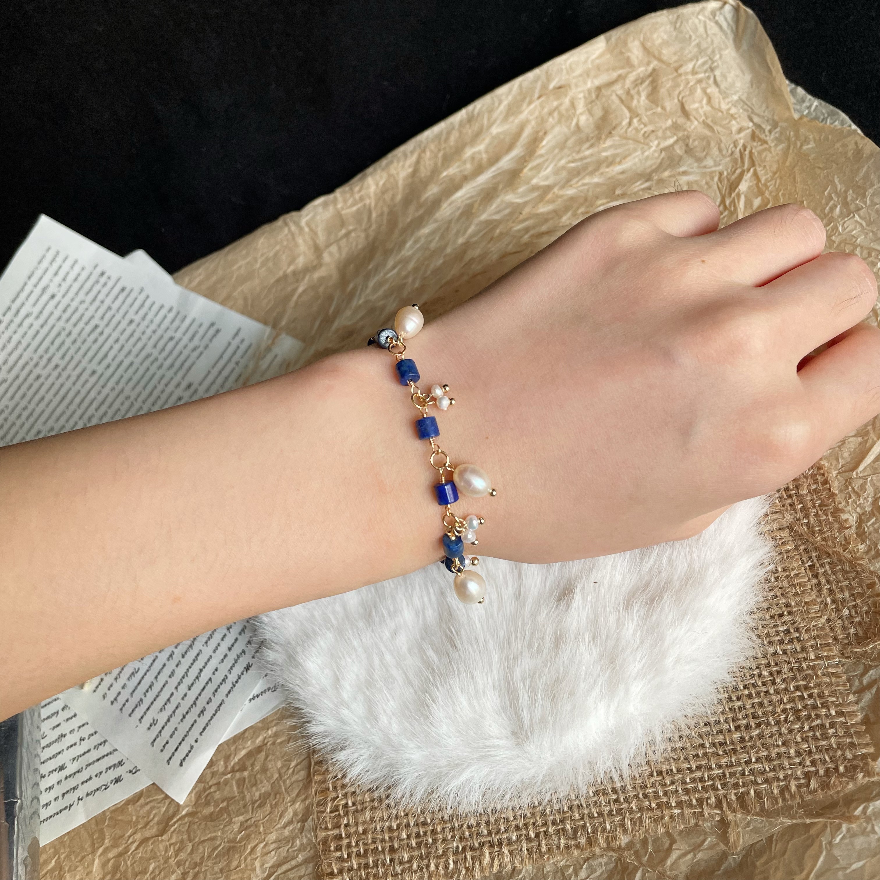 Handmade Lapis Lazuli and Freshwater Pearl Dangles Bracelet Dainty Statement Jewelry