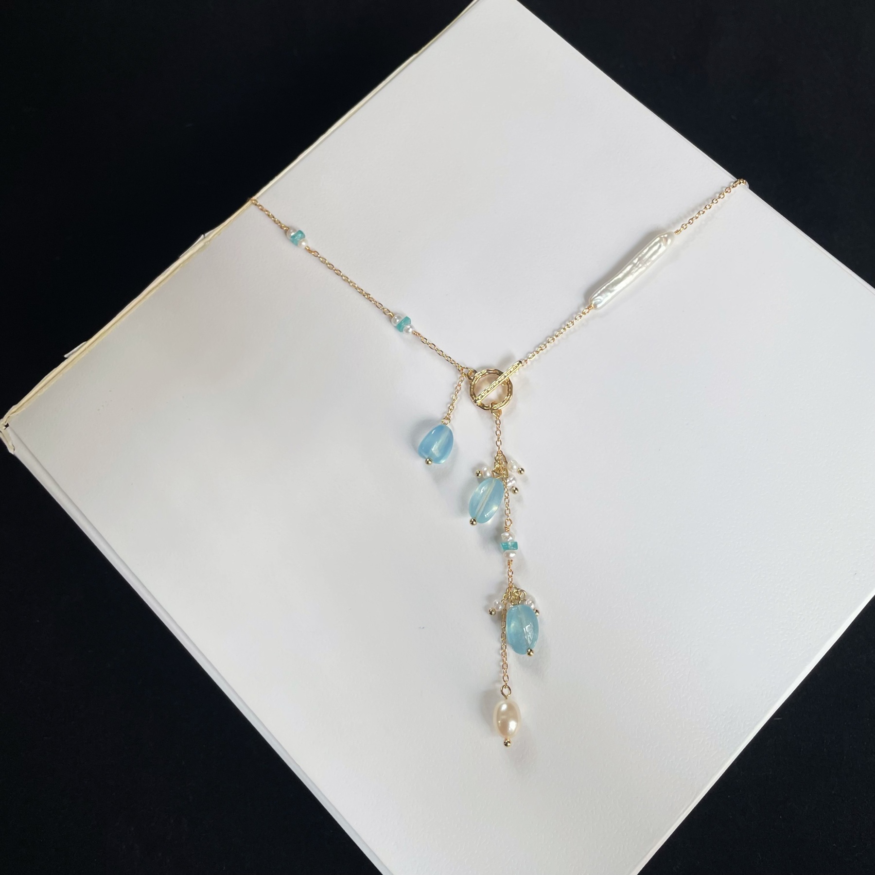 Handmade Y-Lariat Blue Apatite and Pearl Starry Sky Necklace with Aquamarine Drop