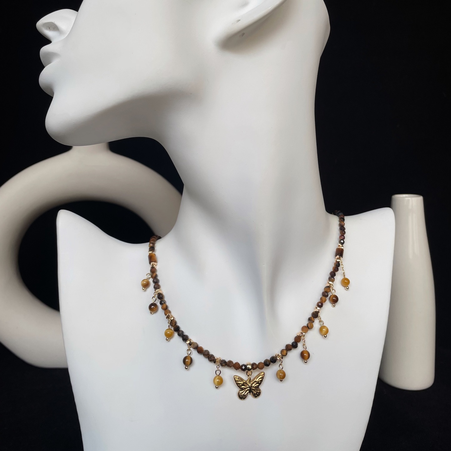 Handmade Tiger’s Eye Beads with Butterfly Charm Necklace Golden Energy and  Elegance