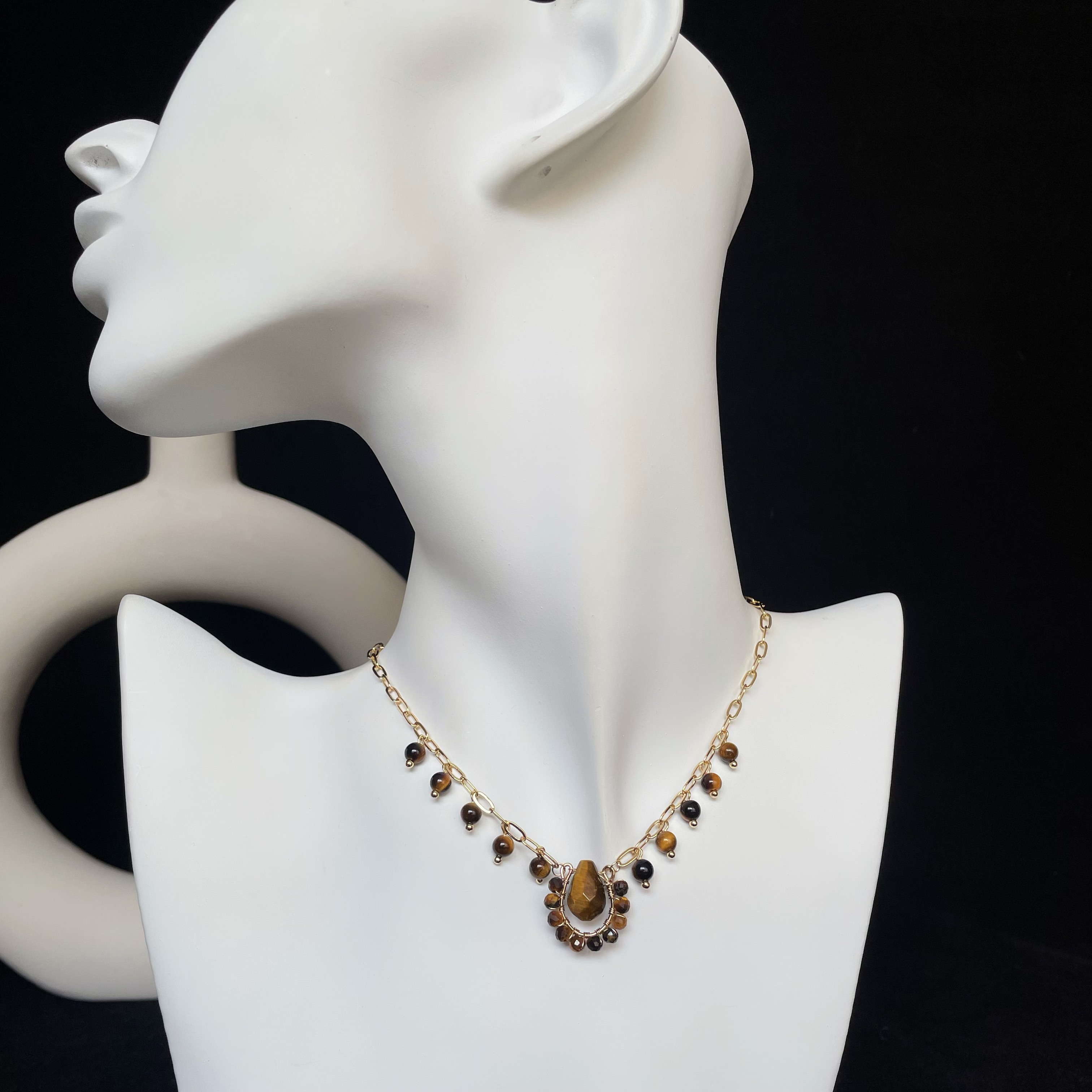 Handmade Tiger’s Eye Teardrop Pendant with Beaded Fringe Statement Necklace
