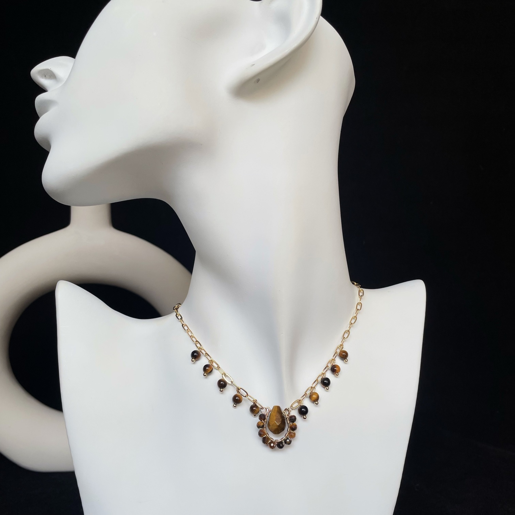 Handmade Tiger’s Eye Teardrop Pendant with Beaded Fringe Statement Necklace