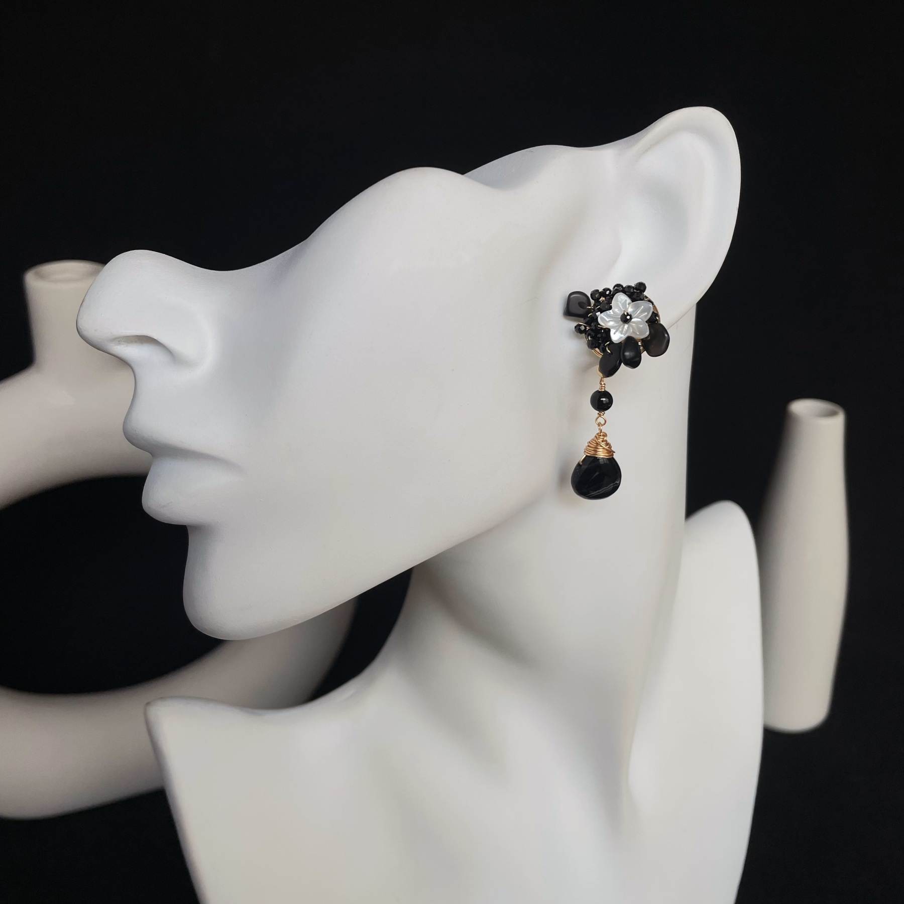 Handmade Black Spinel and Obsidian wirewrapped with Mother of Pearl Flower Earrings