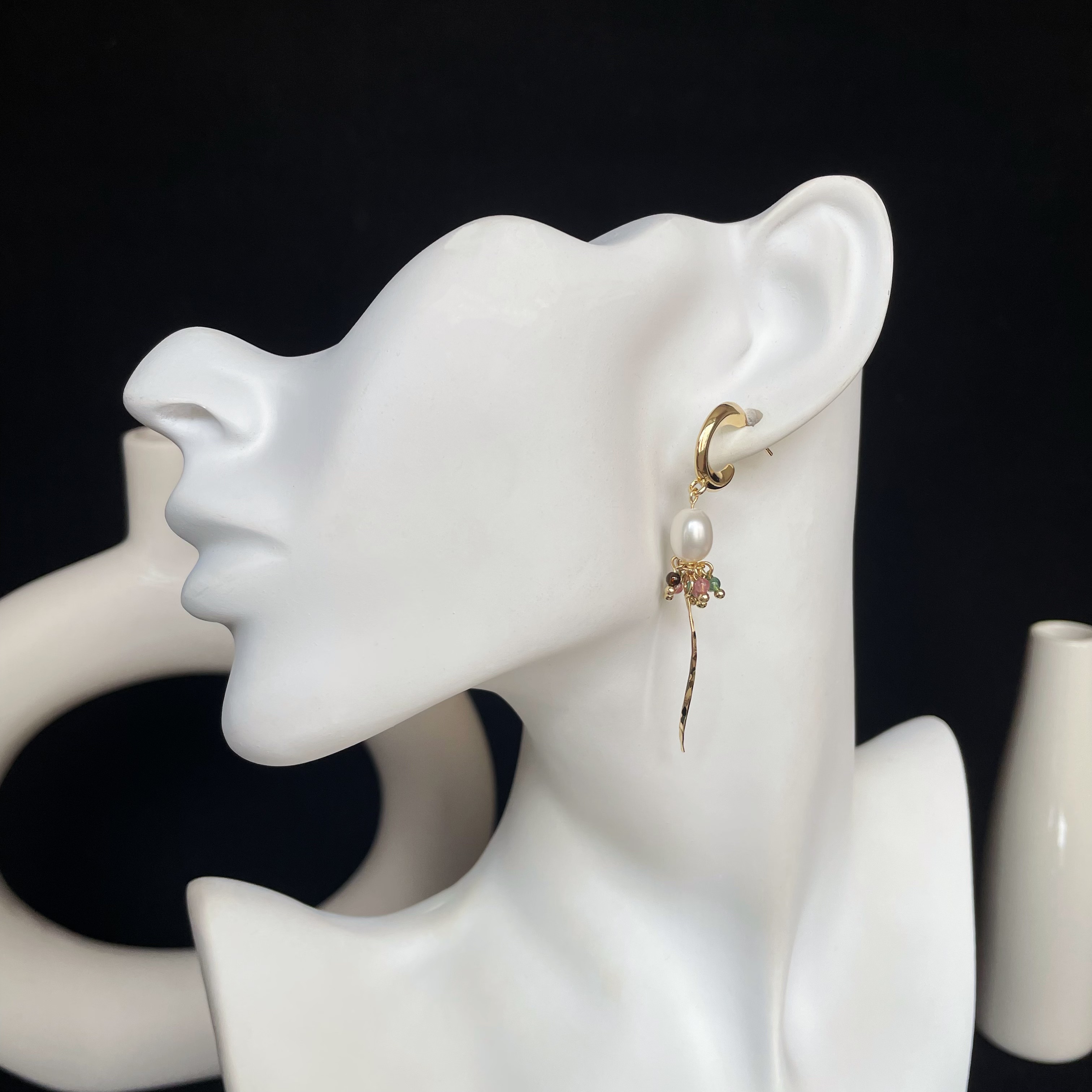 Handmade Tourmaline Cluster and Pearl Long Earrings Elegant Dangle