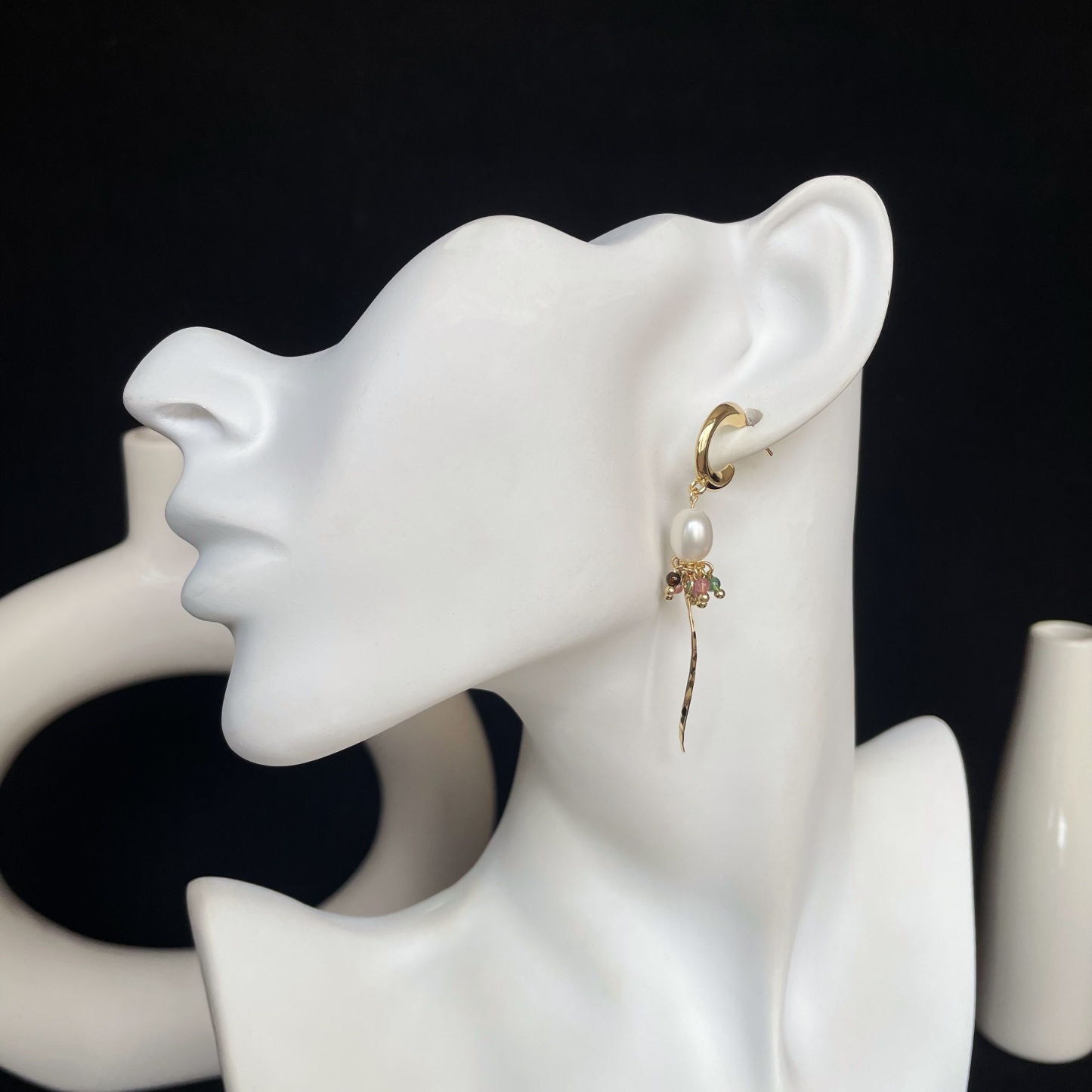 Handmade Tourmaline Cluster and Pearl Long Earrings Elegant Dangle