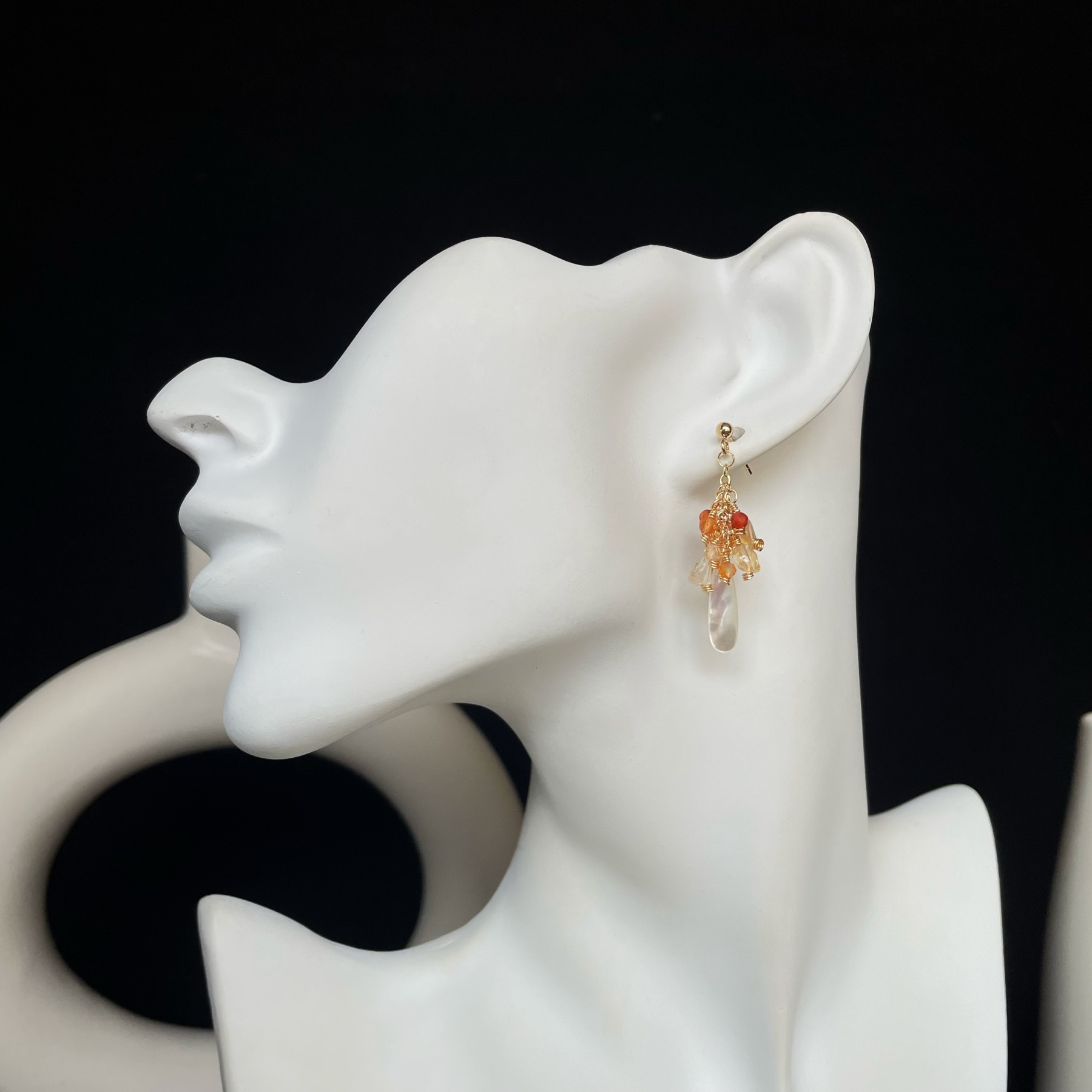 Handmade Golden Christmas Tree Earrings Citrine Red Agate and Mother of Pearl Drop Earrings