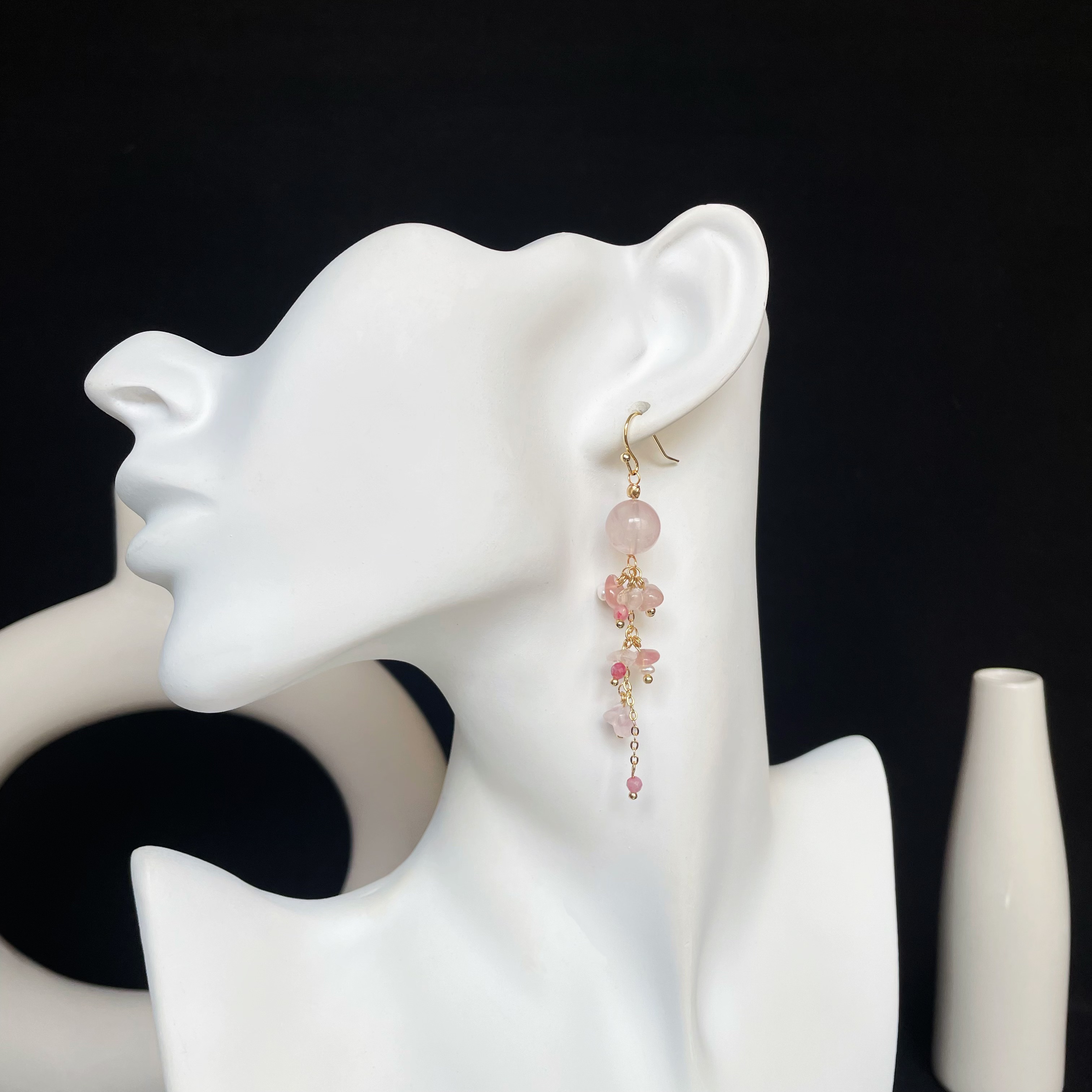 Handmade Rose Quartz Pink Tourmaline and Freshwater Pearl Floral Vine Earrings