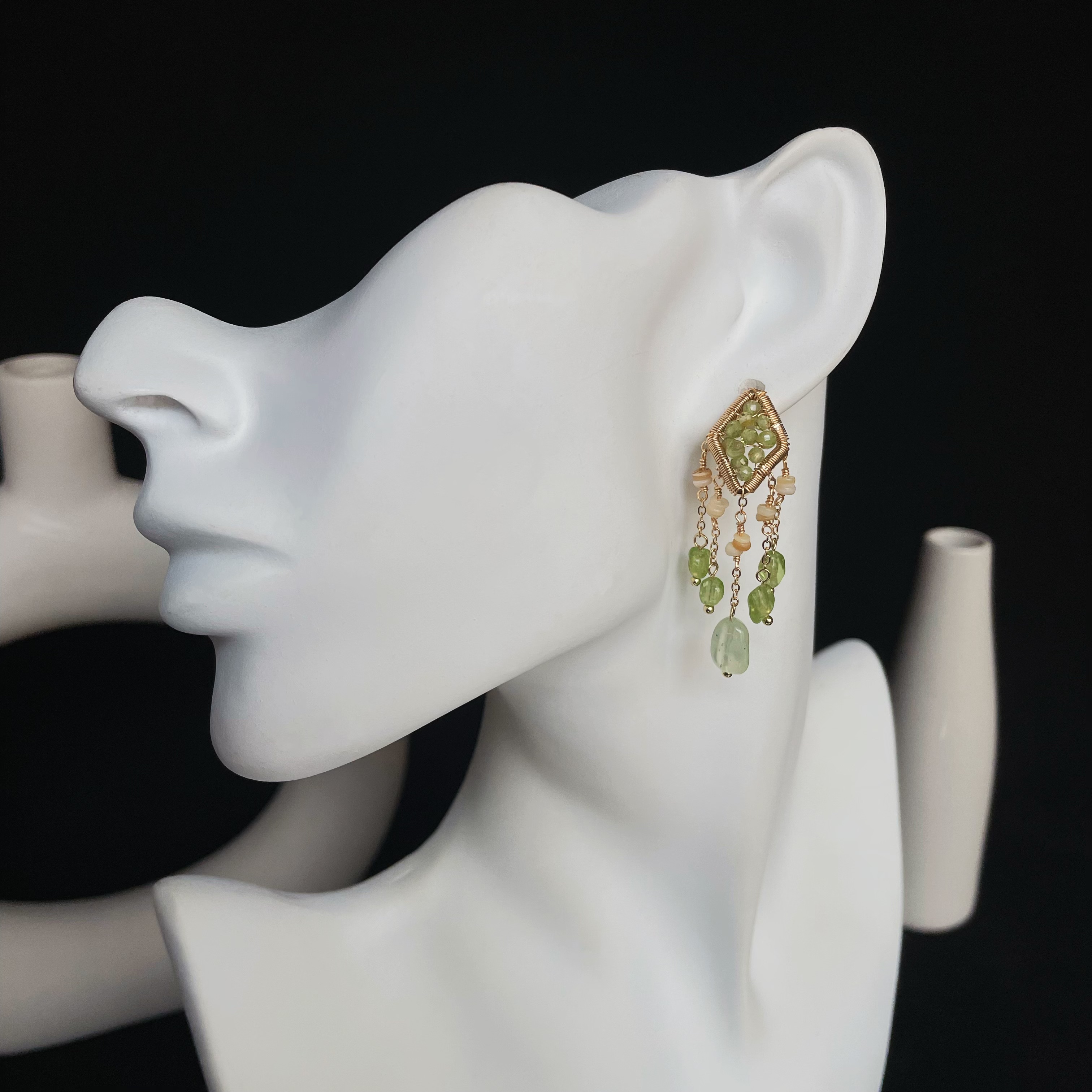 Forest Light Handmade Peridot Wire Wrapped Diamond with Peridot and Shell Fringe Earrings