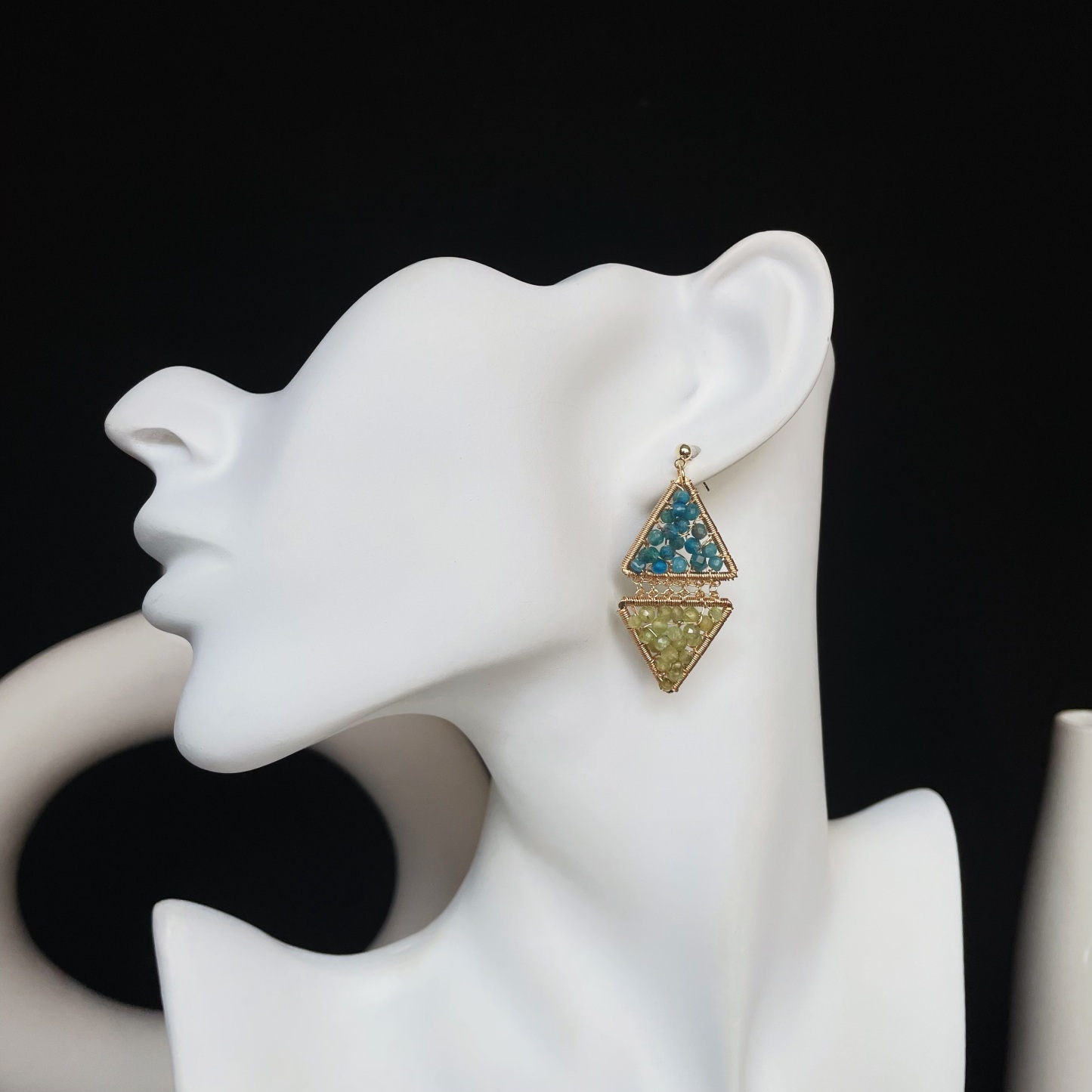 Handmade Blue Apatite and Peridot Beads Wire Wrapped Triangle Earrings