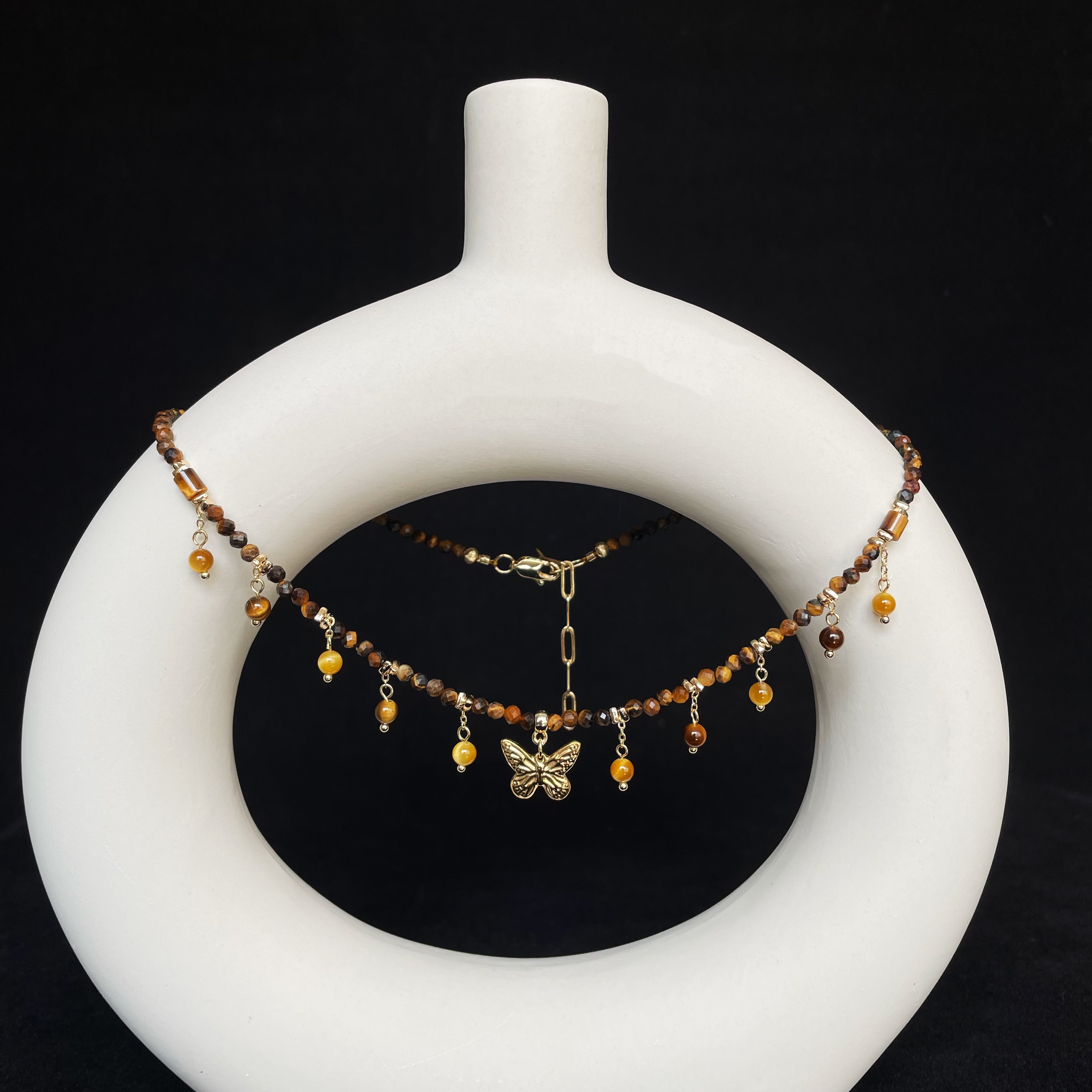 Handmade Tiger’s Eye Beads with Butterfly Charm Necklace Golden Energy and  Elegance