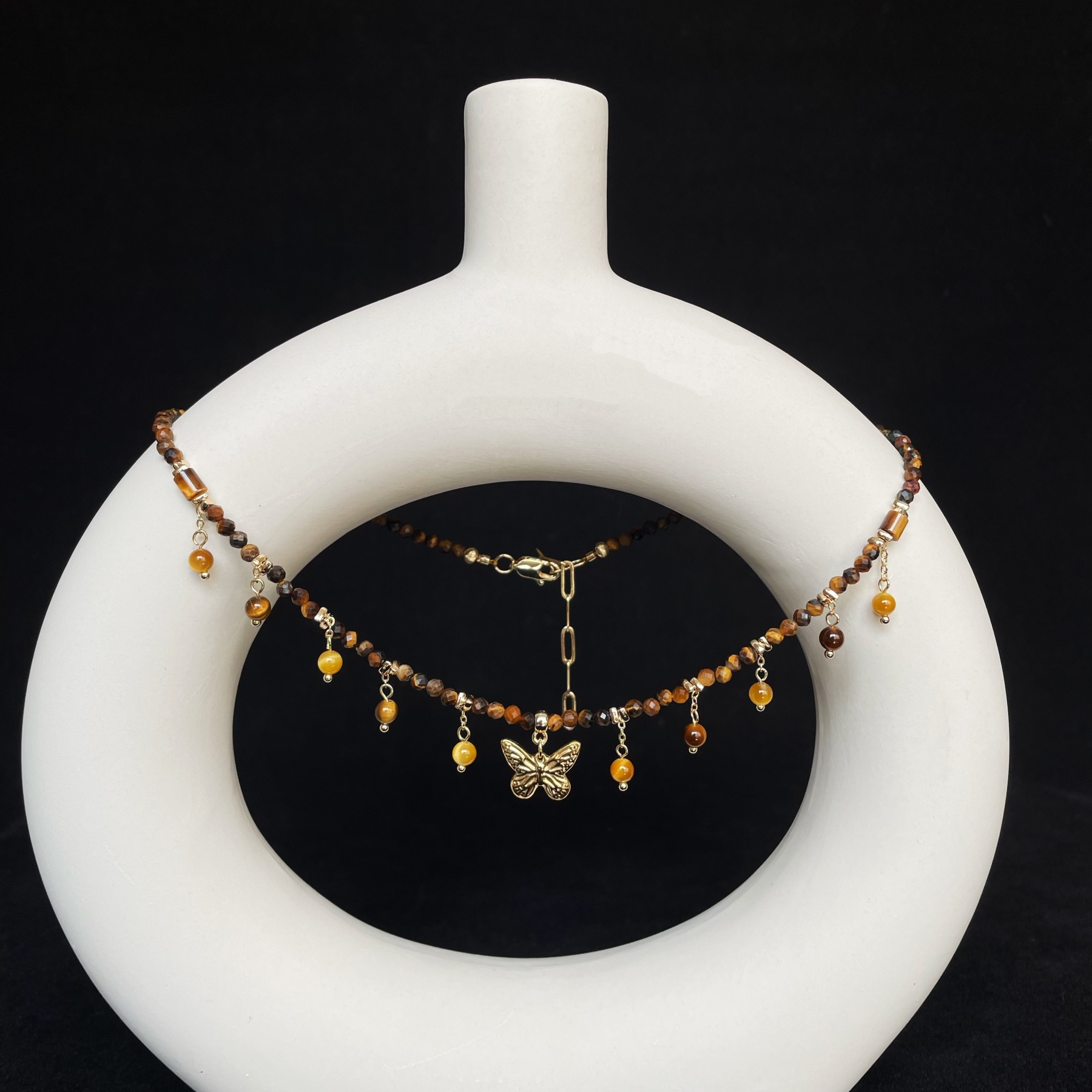 Handmade Tiger’s Eye Beads with Butterfly Charm Necklace Golden Energy and  Elegance