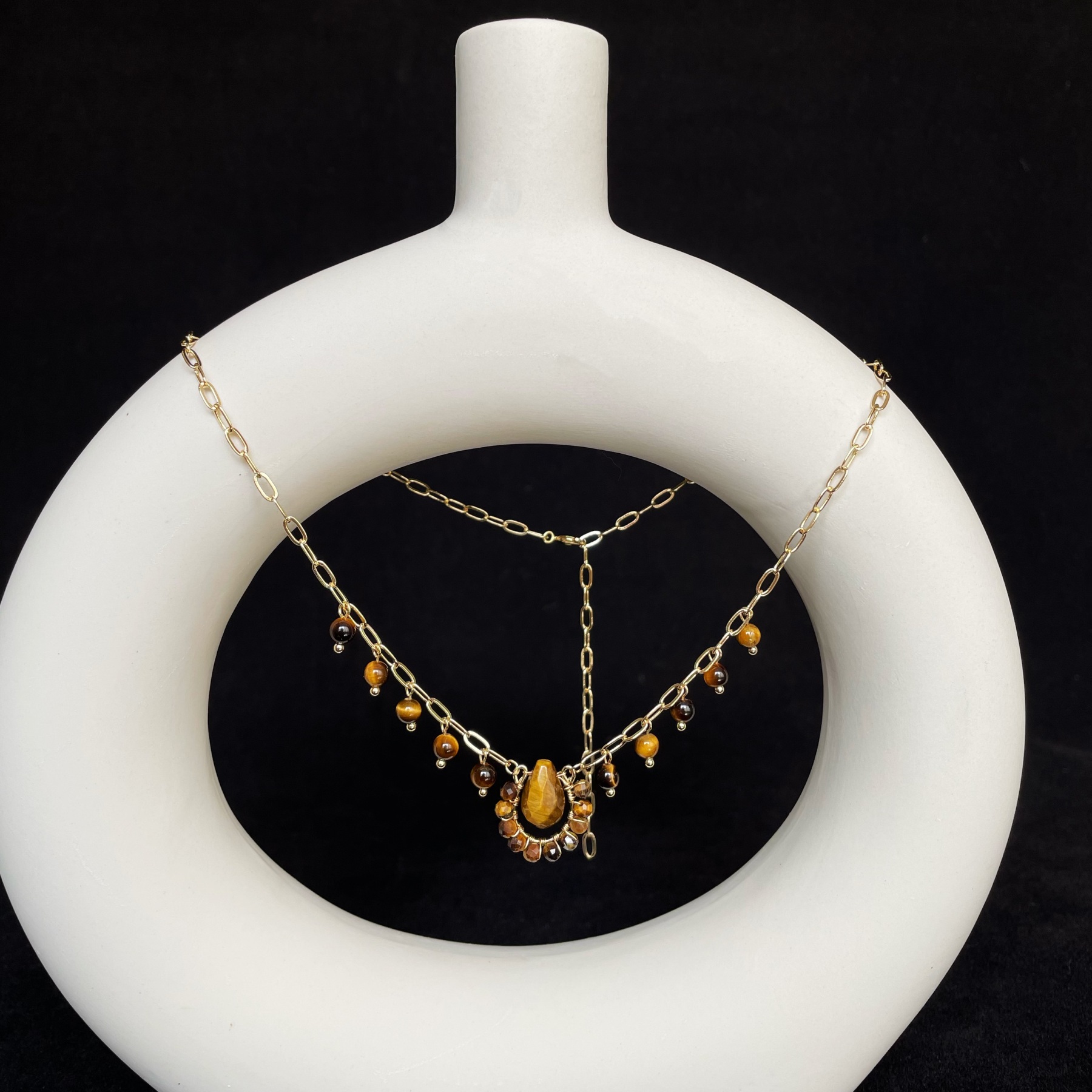 Handmade Tiger’s Eye Teardrop Pendant with Beaded Fringe Statement Necklace