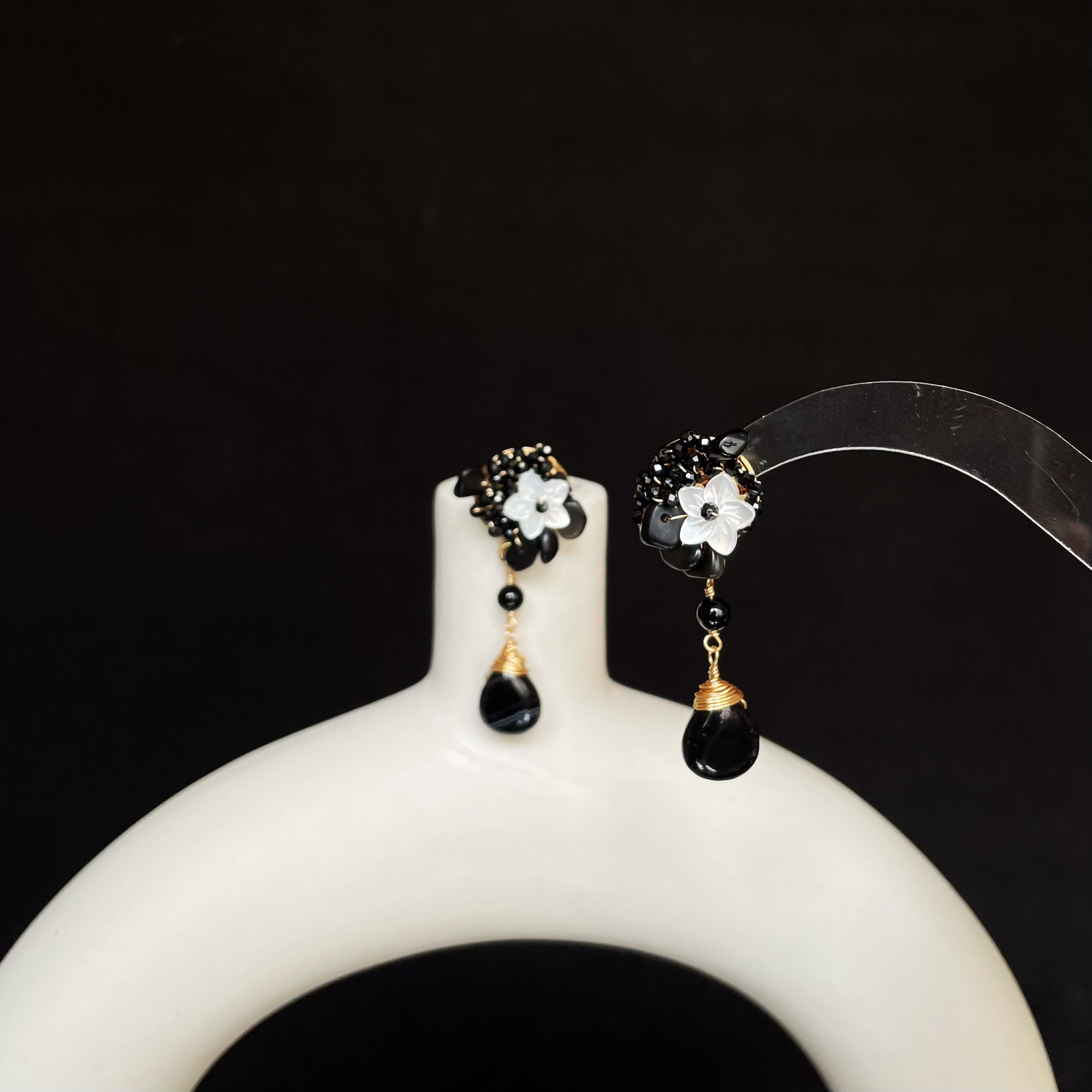 Handmade Black Spinel and Obsidian wirewrapped with Mother of Pearl Flower Earrings