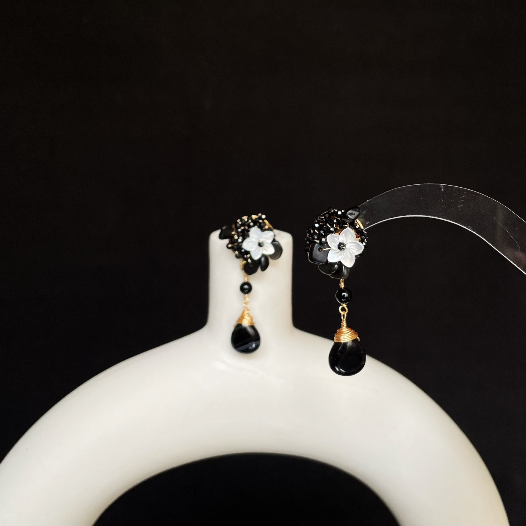 Handmade Black Spinel and Obsidian wirewrapped with Mother of Pearl Flower Earrings