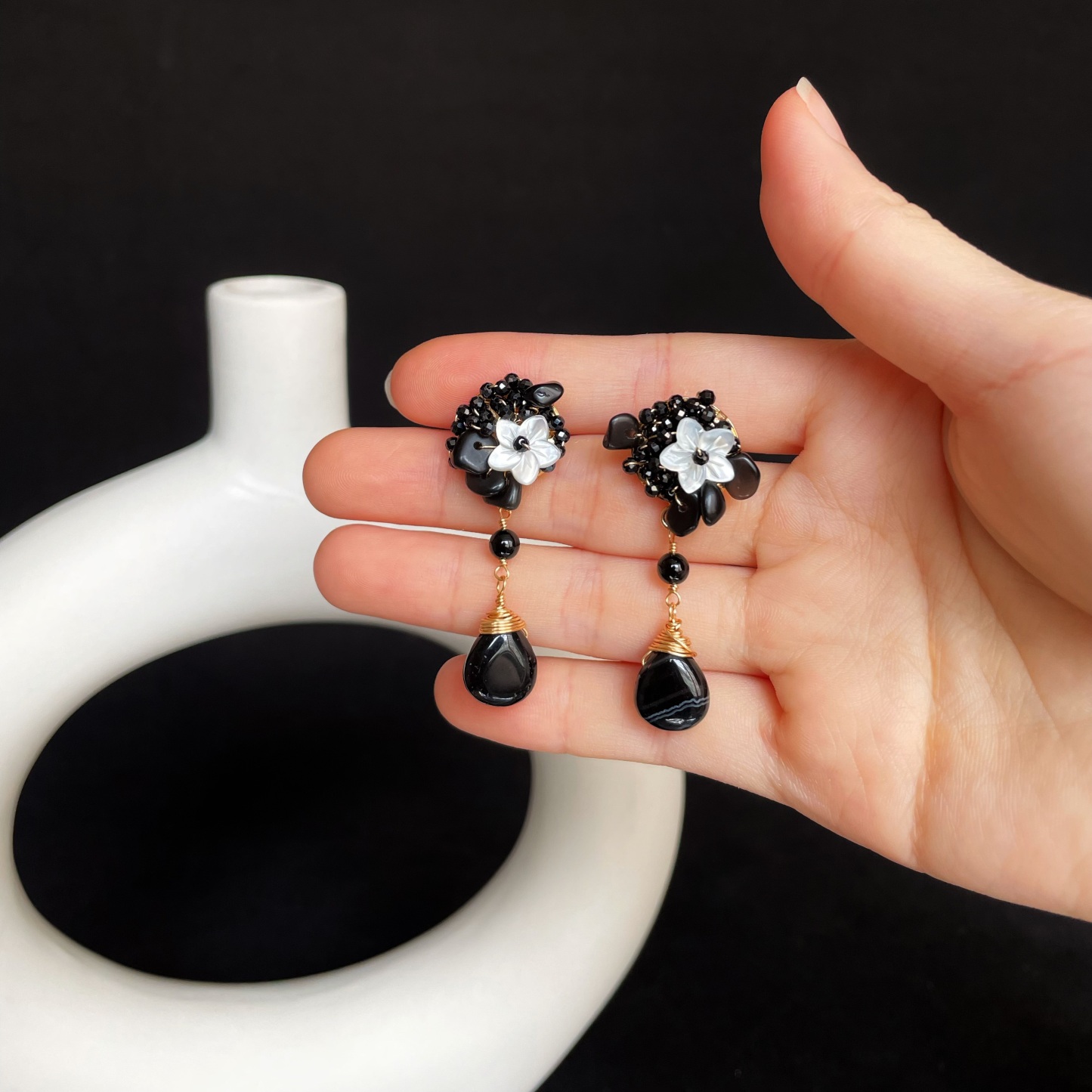 Handmade Black Spinel and Obsidian wirewrapped with Mother of Pearl Flower Earrings