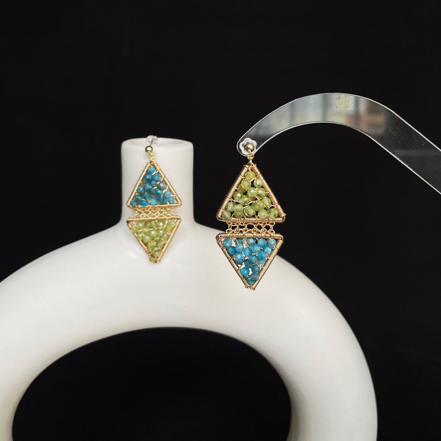 Handmade Blue Apatite and Peridot Beads Wire Wrapped Triangle Earrings