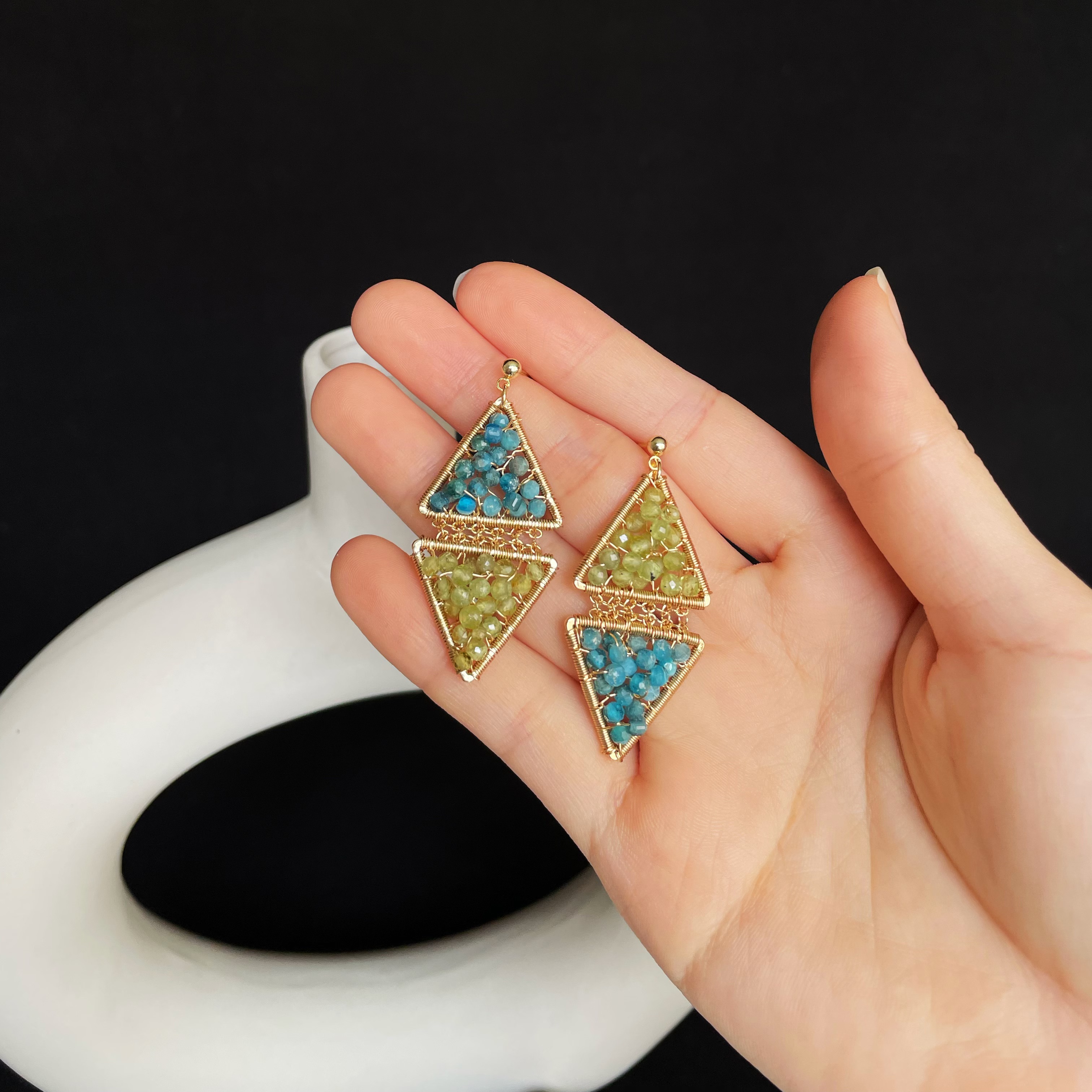 Handmade Blue Apatite and Peridot Beads Wire Wrapped Triangle Earrings