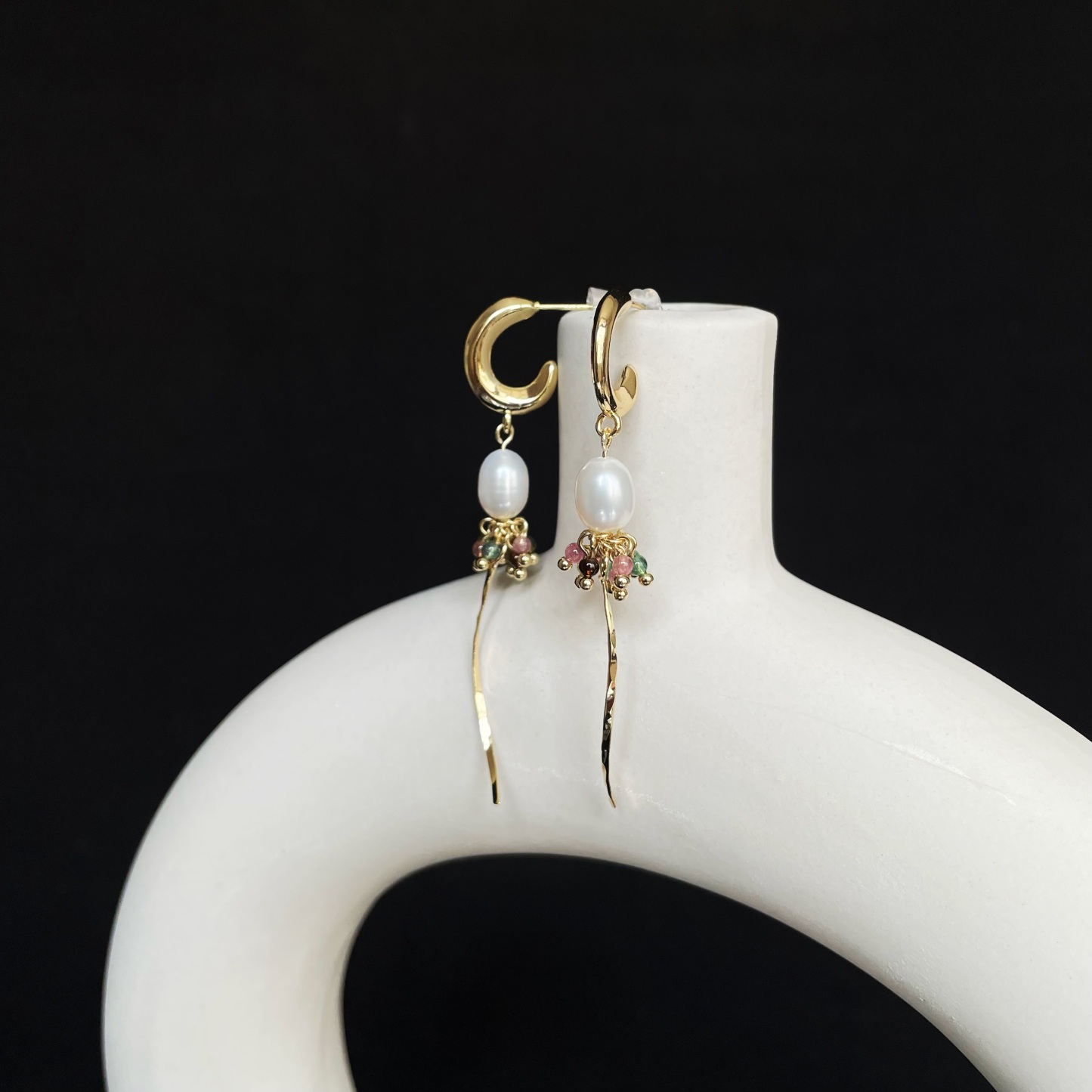 Handmade Tourmaline Cluster and Pearl Long Earrings Elegant Dangle