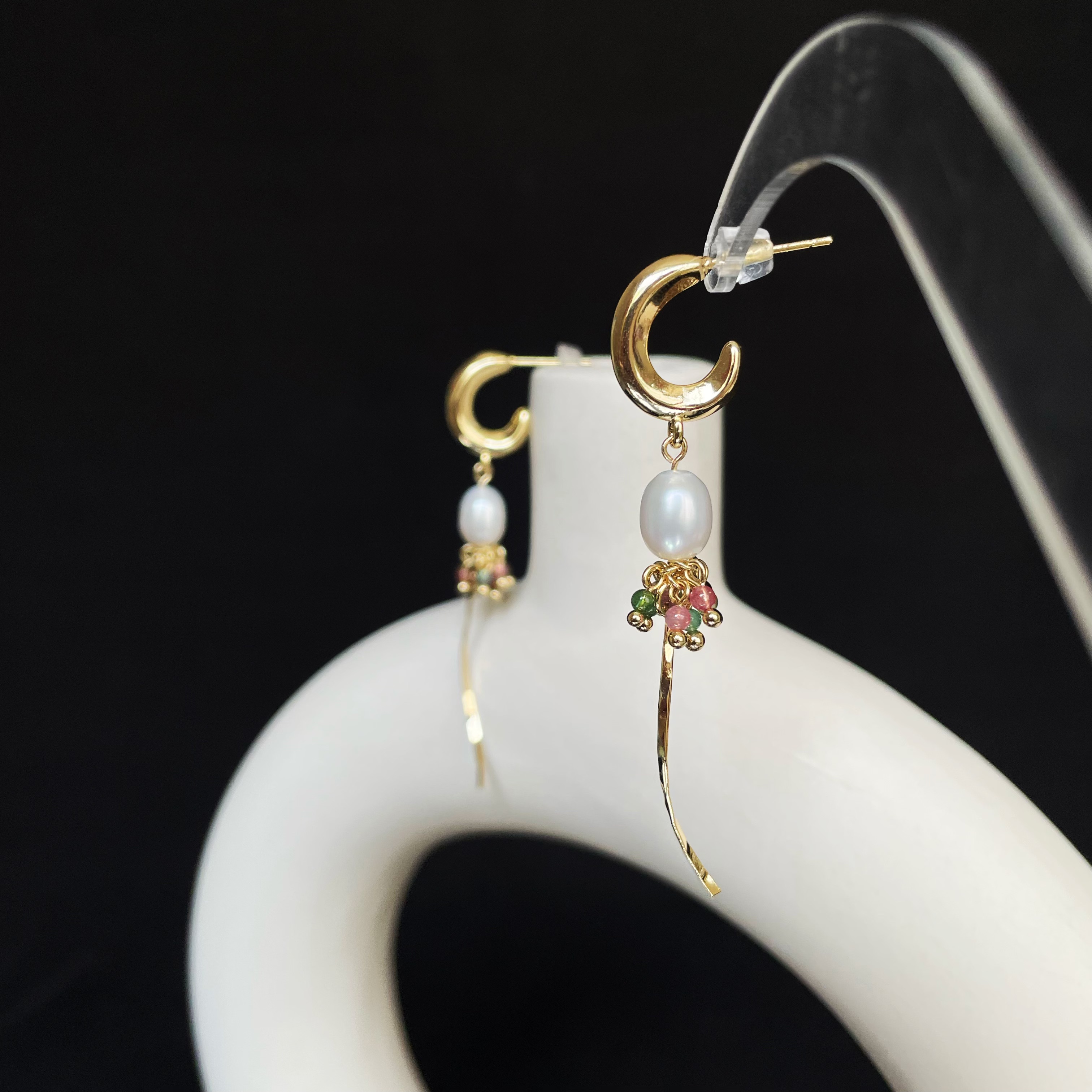 Handmade Tourmaline Cluster and Pearl Long Earrings Elegant Dangle