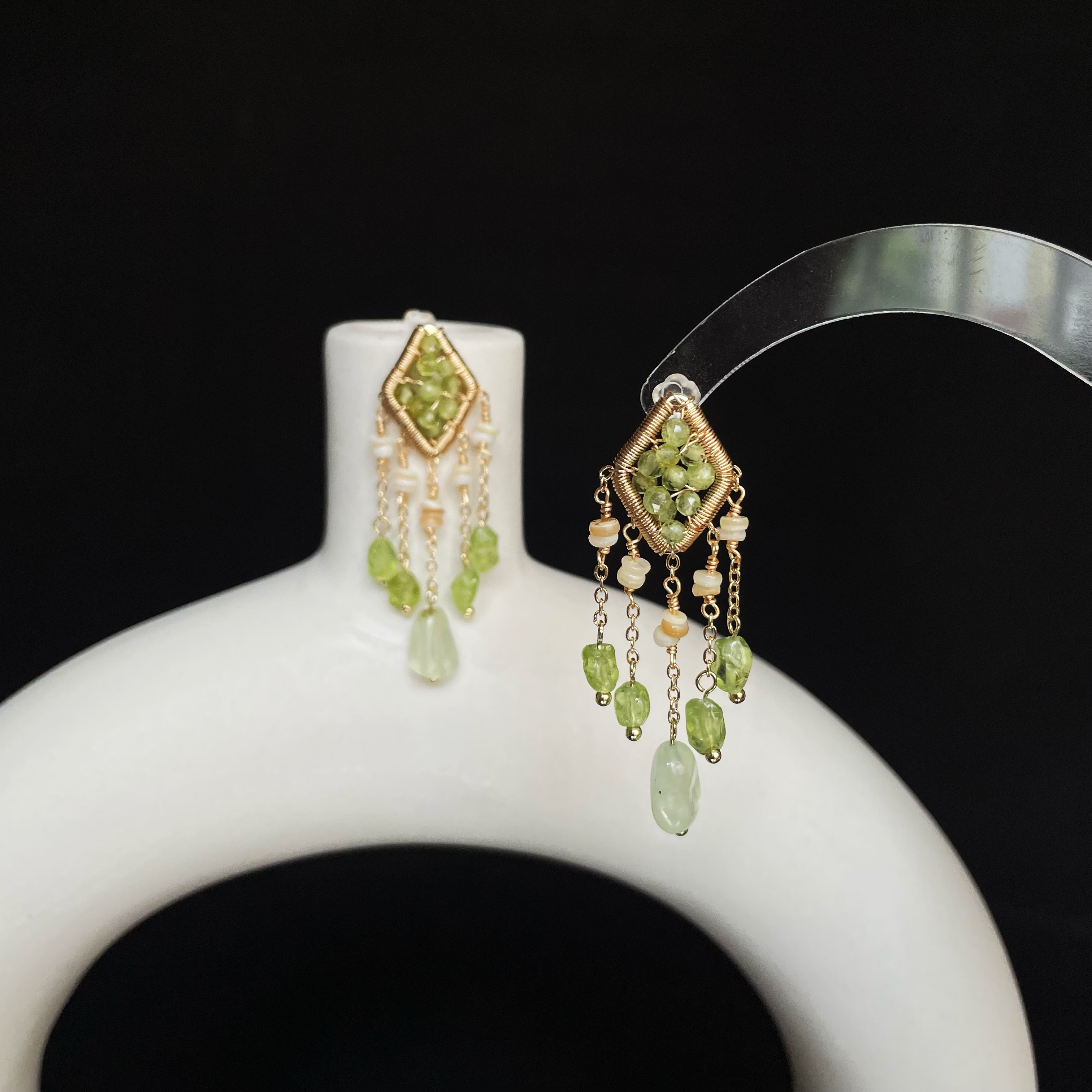 Forest Light Handmade Peridot Wire Wrapped Diamond with Peridot and Shell Fringe Earrings