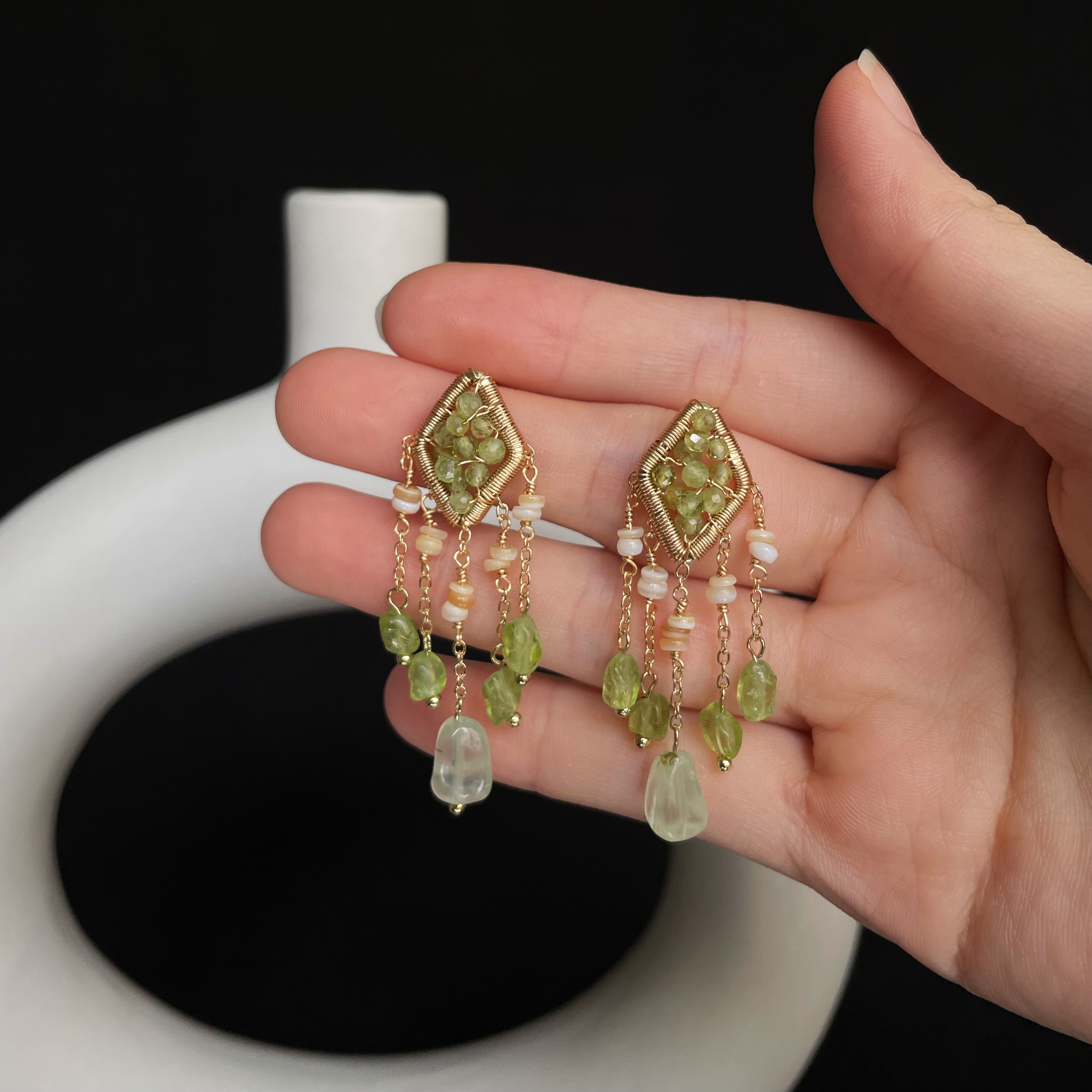 Forest Light Handmade Peridot Wire Wrapped Diamond with Peridot and Shell Fringe Earrings