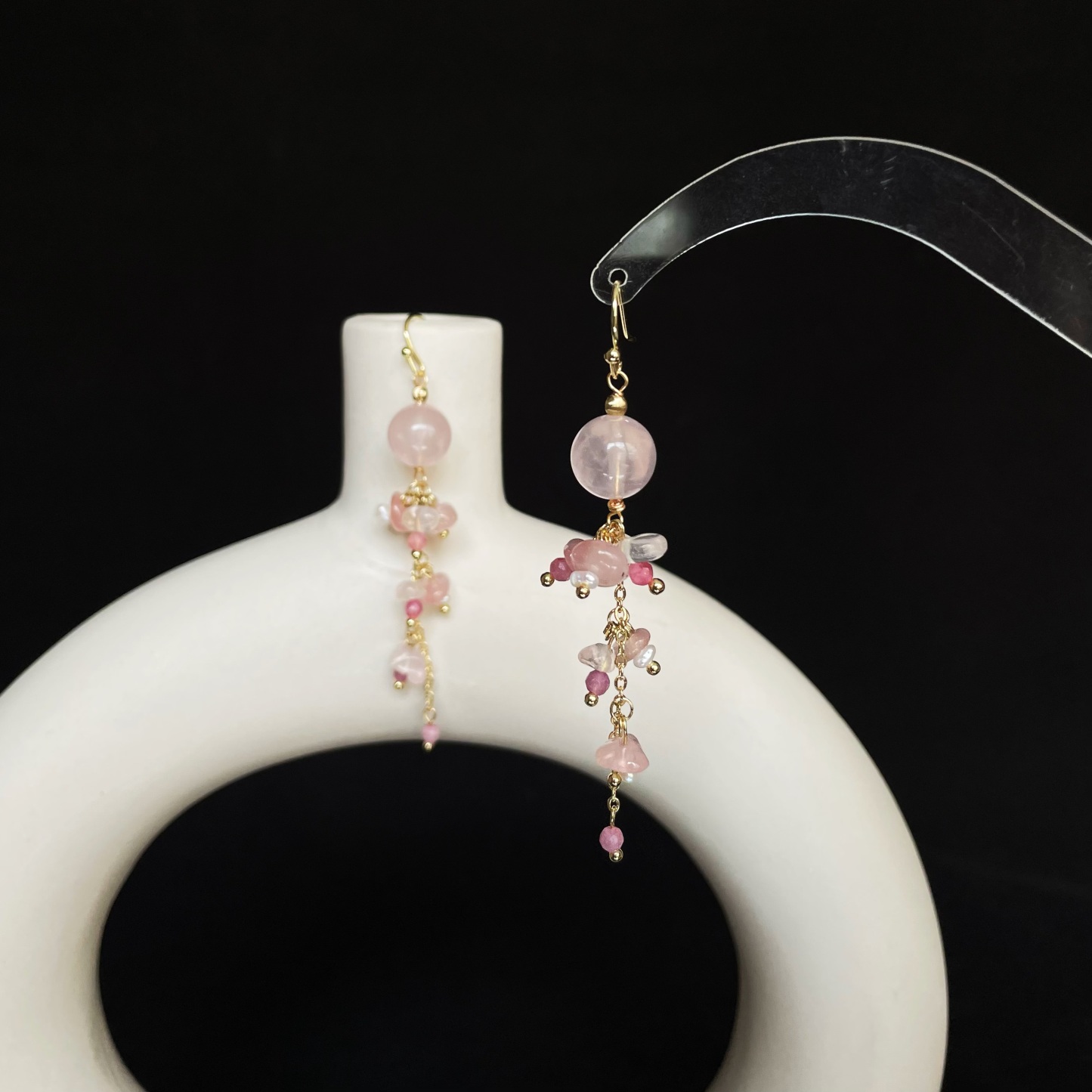 Handmade Rose Quartz Pink Tourmaline and Freshwater Pearl Floral Vine Earrings