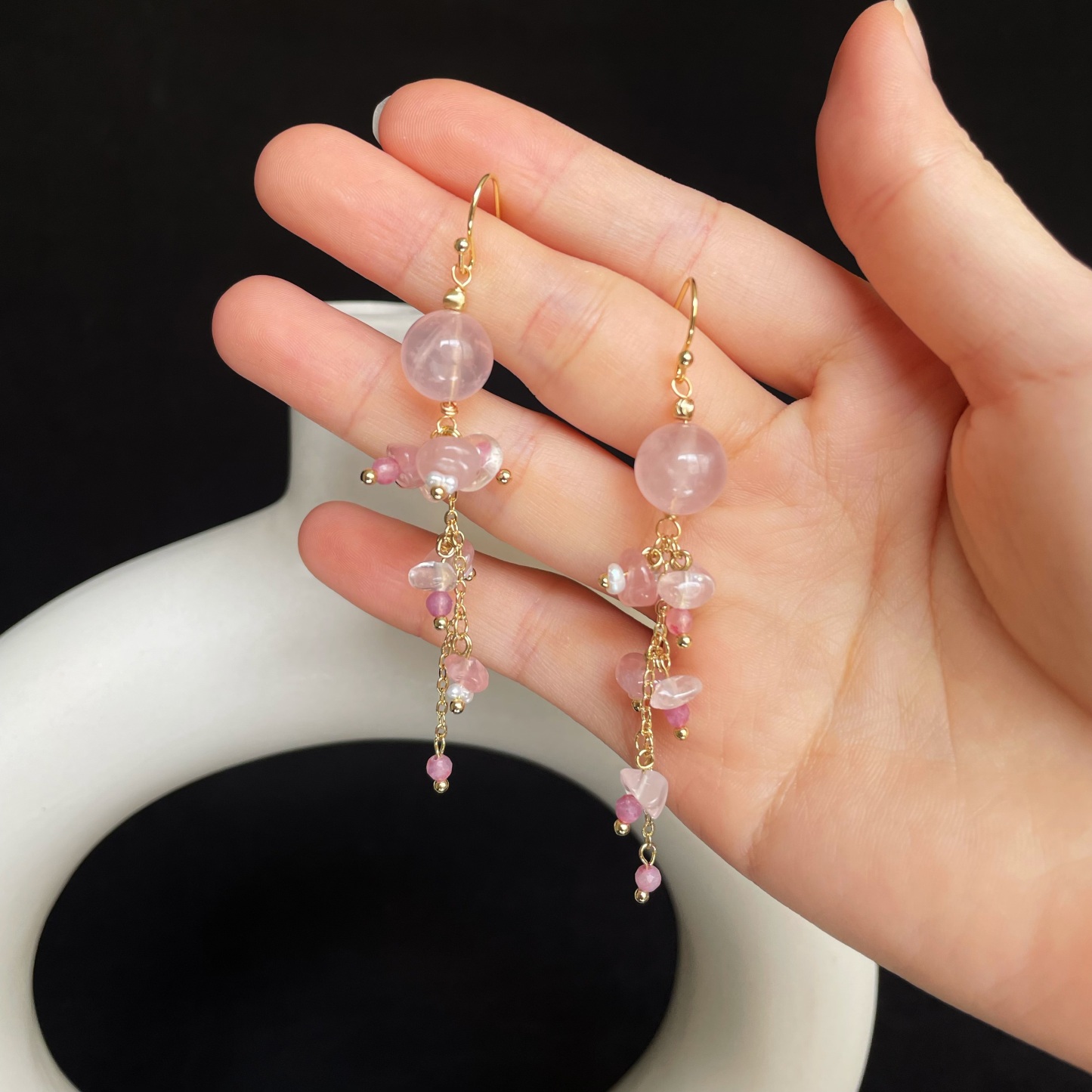 Handmade Rose Quartz Pink Tourmaline and Freshwater Pearl Floral Vine Earrings