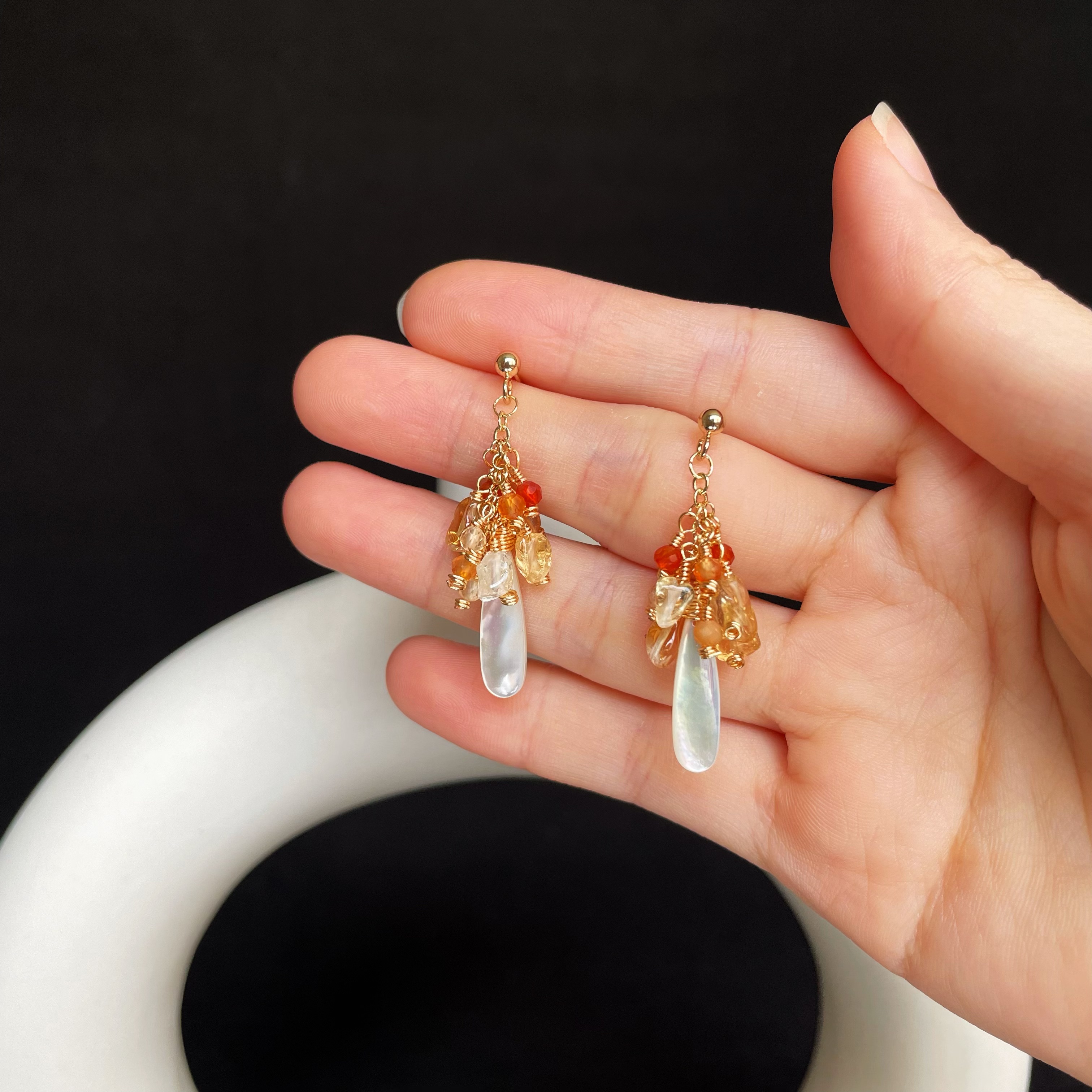 Handmade Golden Christmas Tree Earrings Citrine Red Agate and Mother of Pearl Drop Earrings