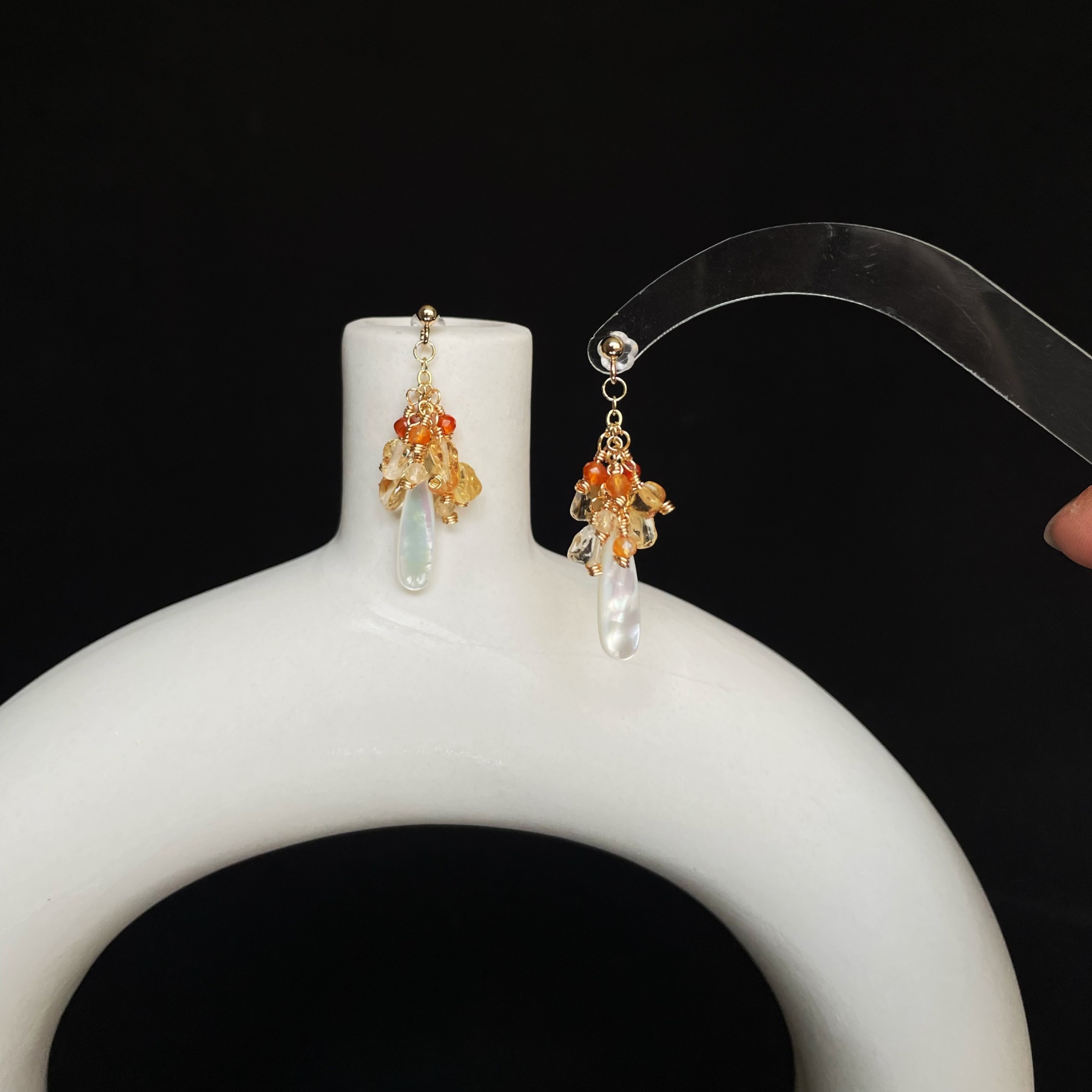 Handmade Golden Christmas Tree Earrings Citrine Red Agate and Mother of Pearl Drop Earrings