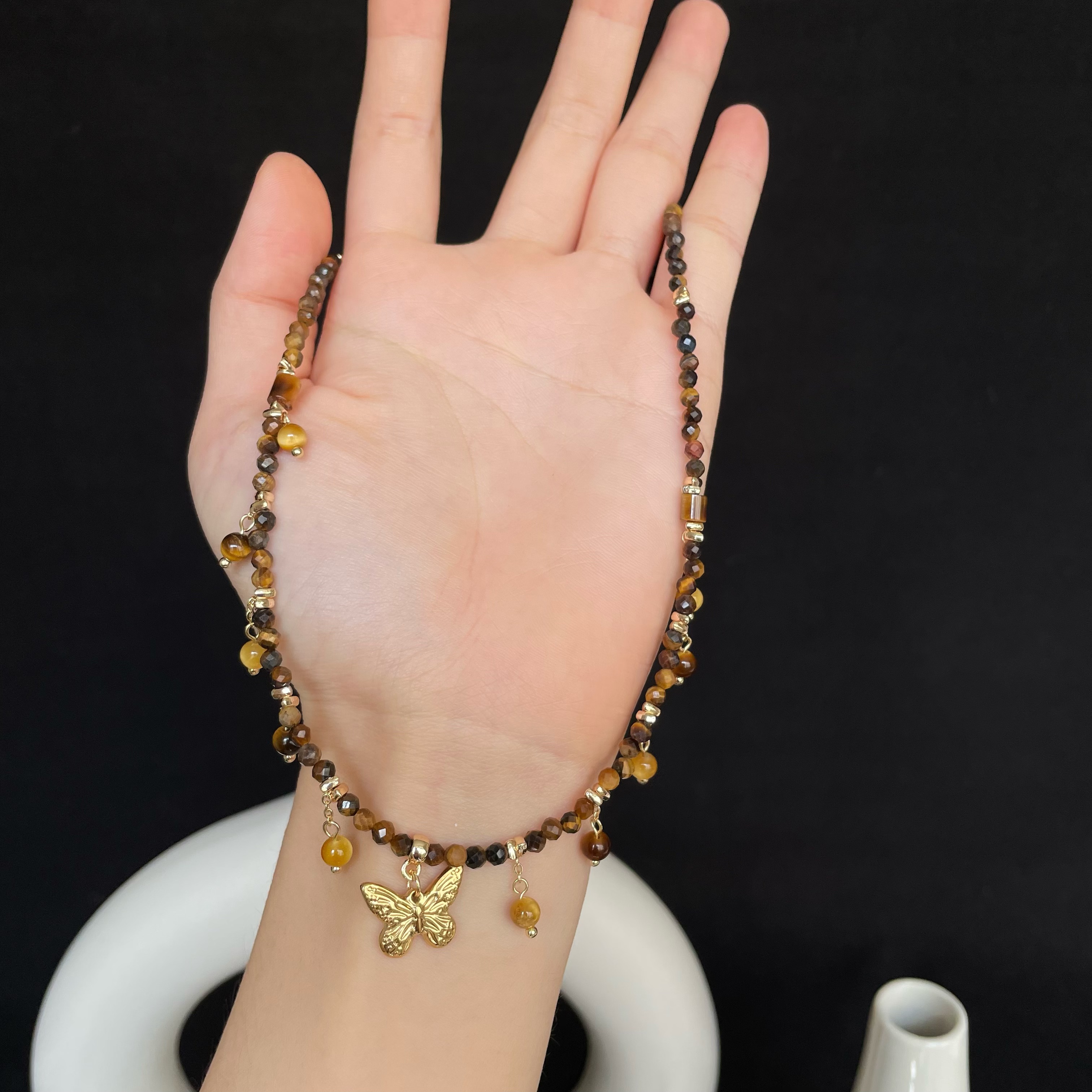 Handmade Tiger’s Eye Beads with Butterfly Charm Necklace Golden Energy and  Elegance