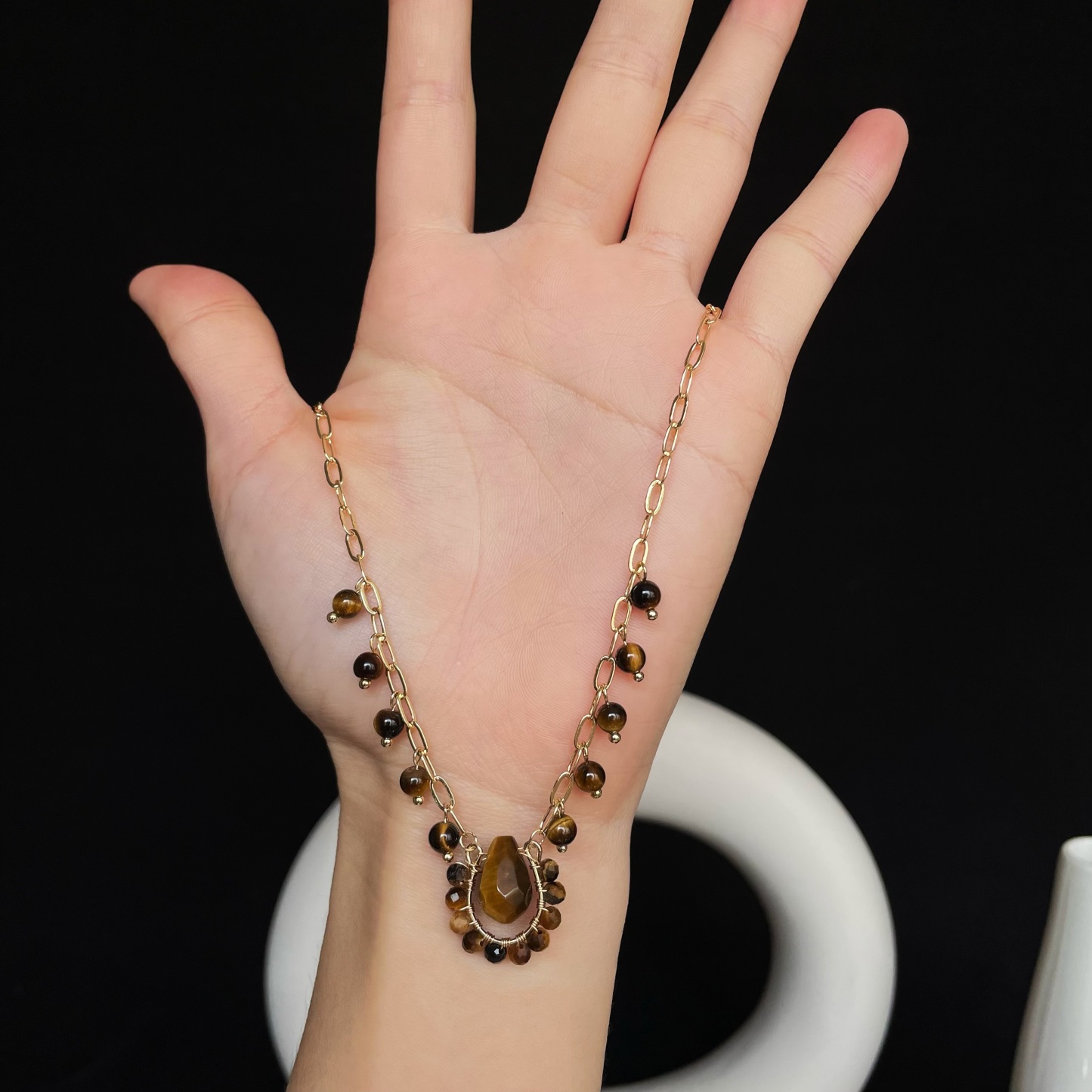 Handmade Tiger’s Eye Teardrop Pendant with Beaded Fringe Statement Necklace