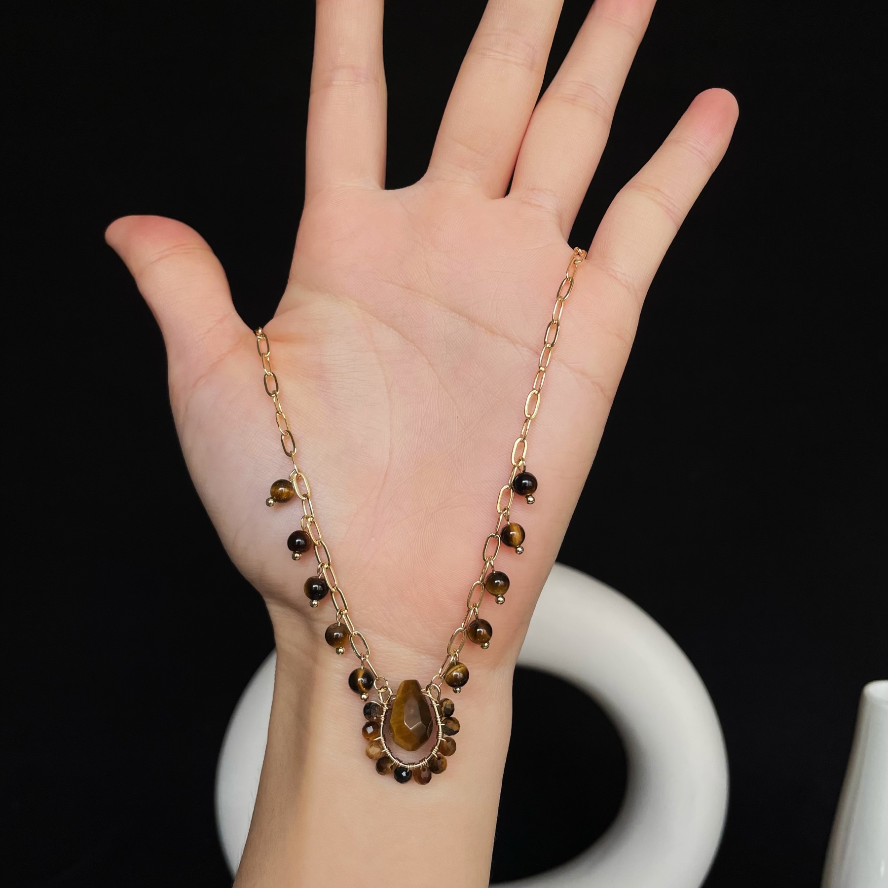 Handmade Tiger’s Eye Teardrop Pendant with Beaded Fringe Statement Necklace