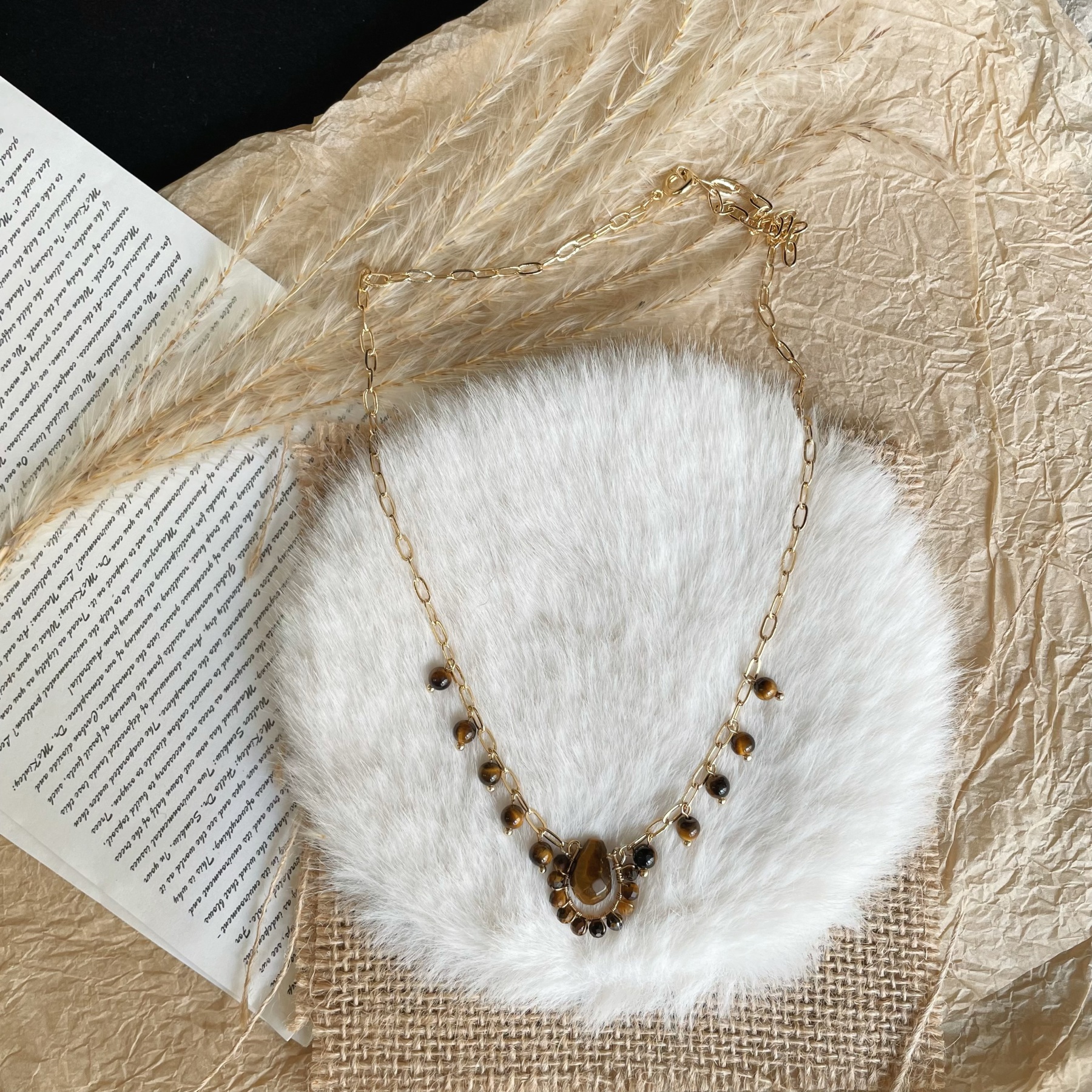 Handmade Tiger’s Eye Teardrop Pendant with Beaded Fringe Statement Necklace