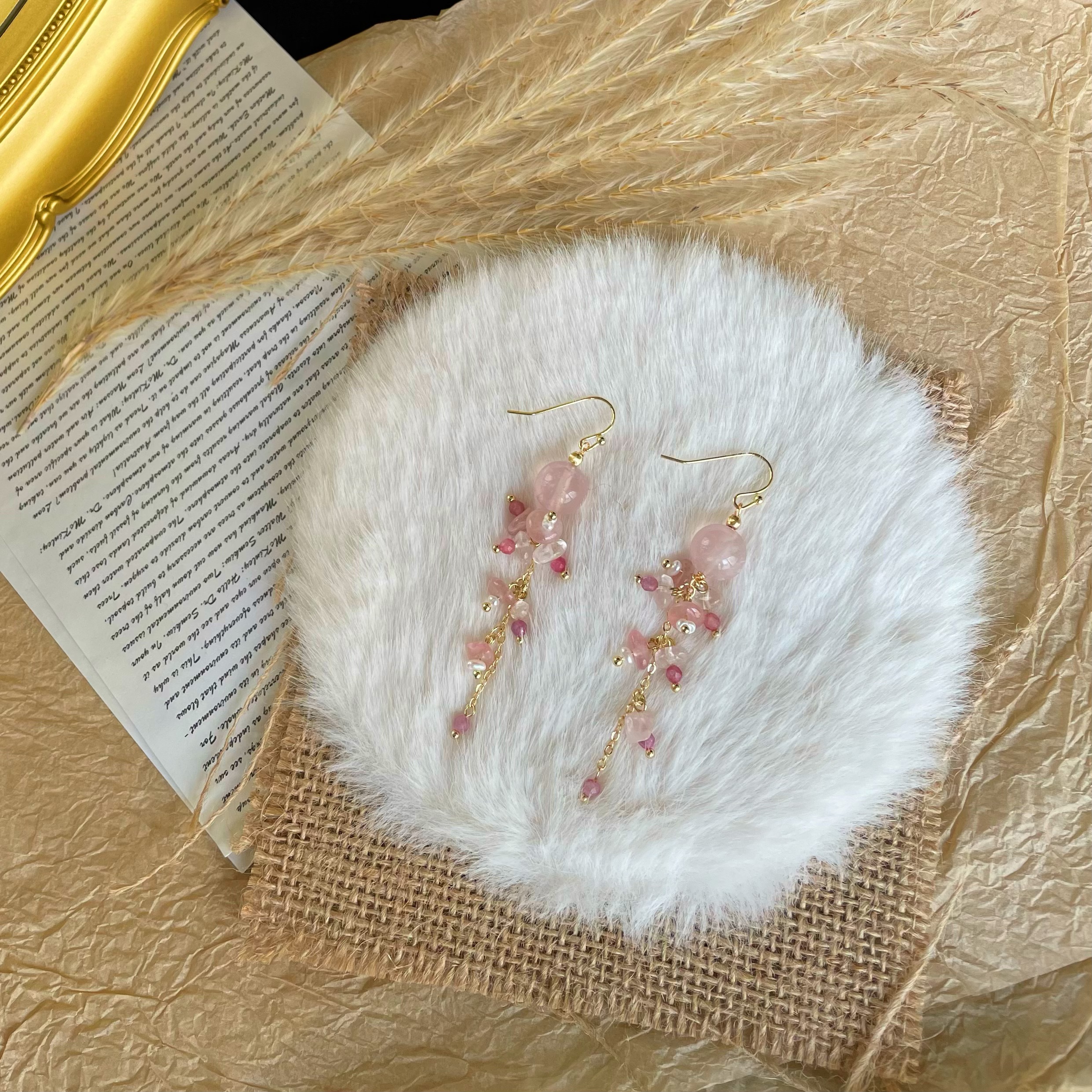 Handmade Rose Quartz Pink Tourmaline and Freshwater Pearl Floral Vine Earrings