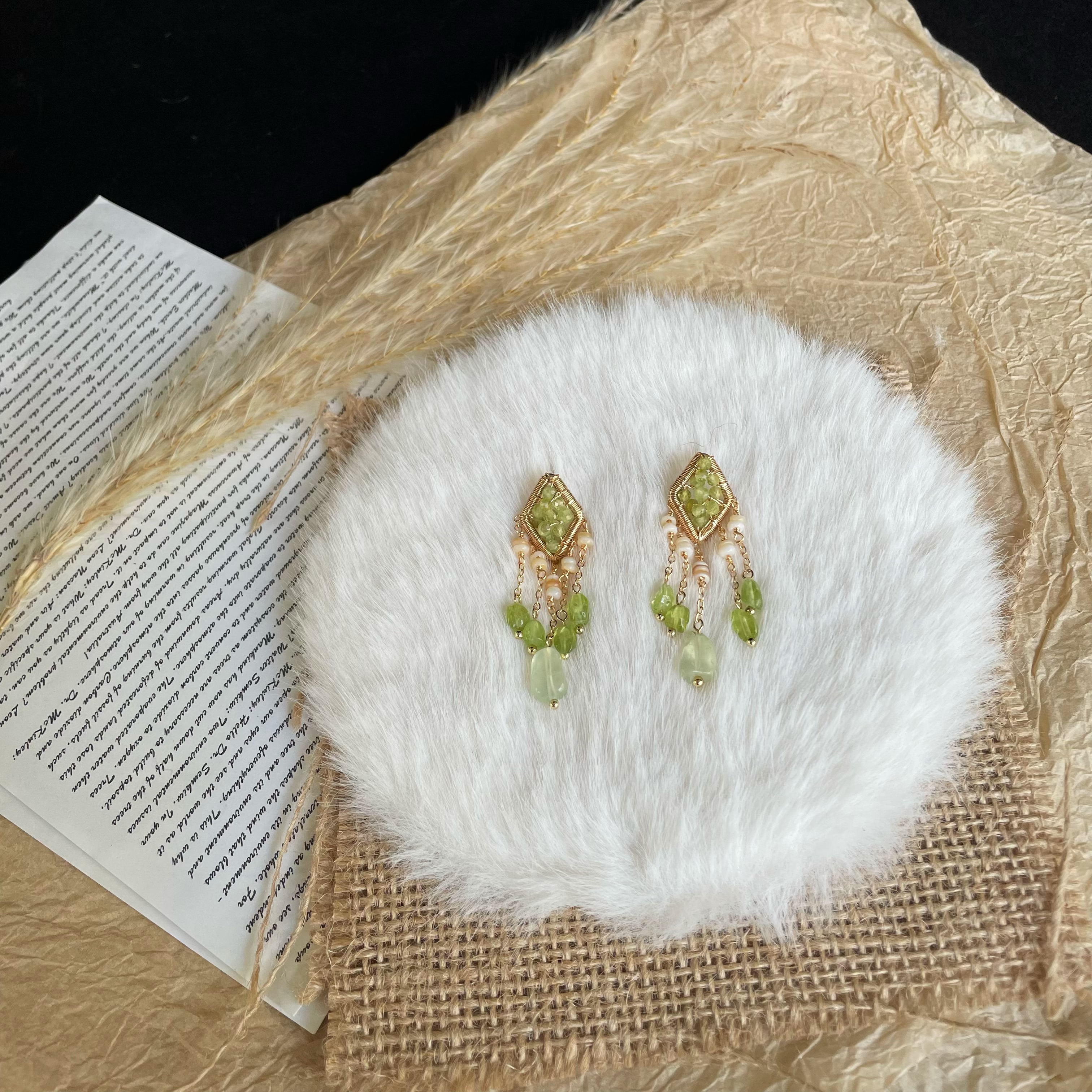 Forest Light Handmade Peridot Wire Wrapped Diamond with Peridot and Shell Fringe Earrings