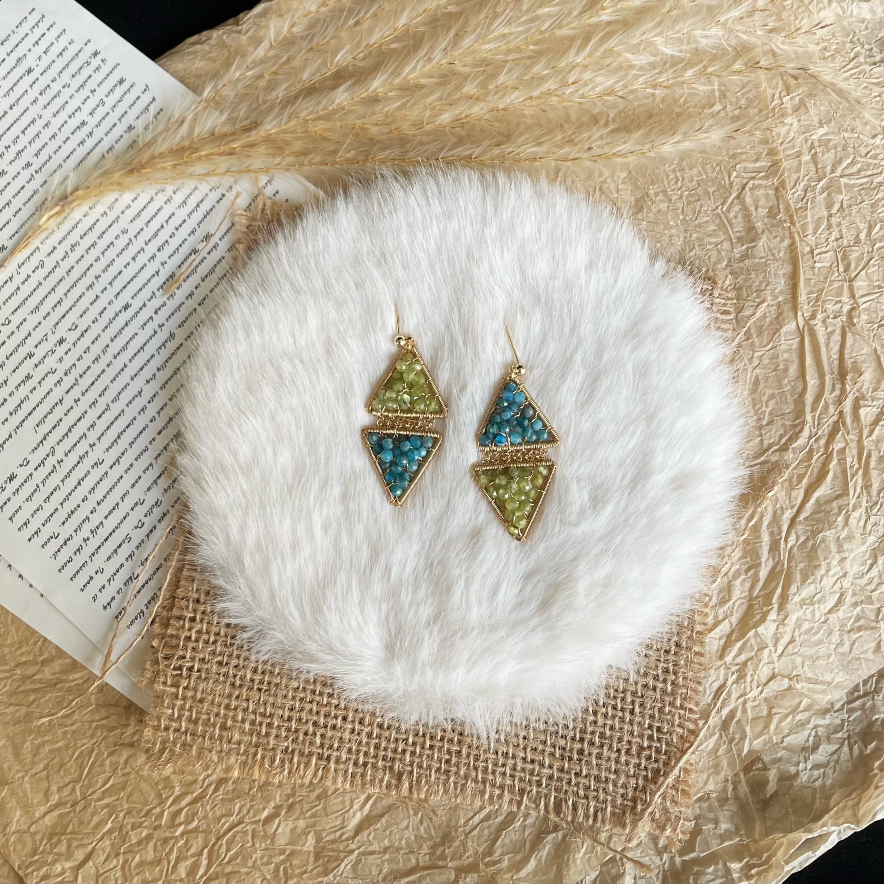 Handmade Blue Apatite and Peridot Beads Wire Wrapped Triangle Earrings