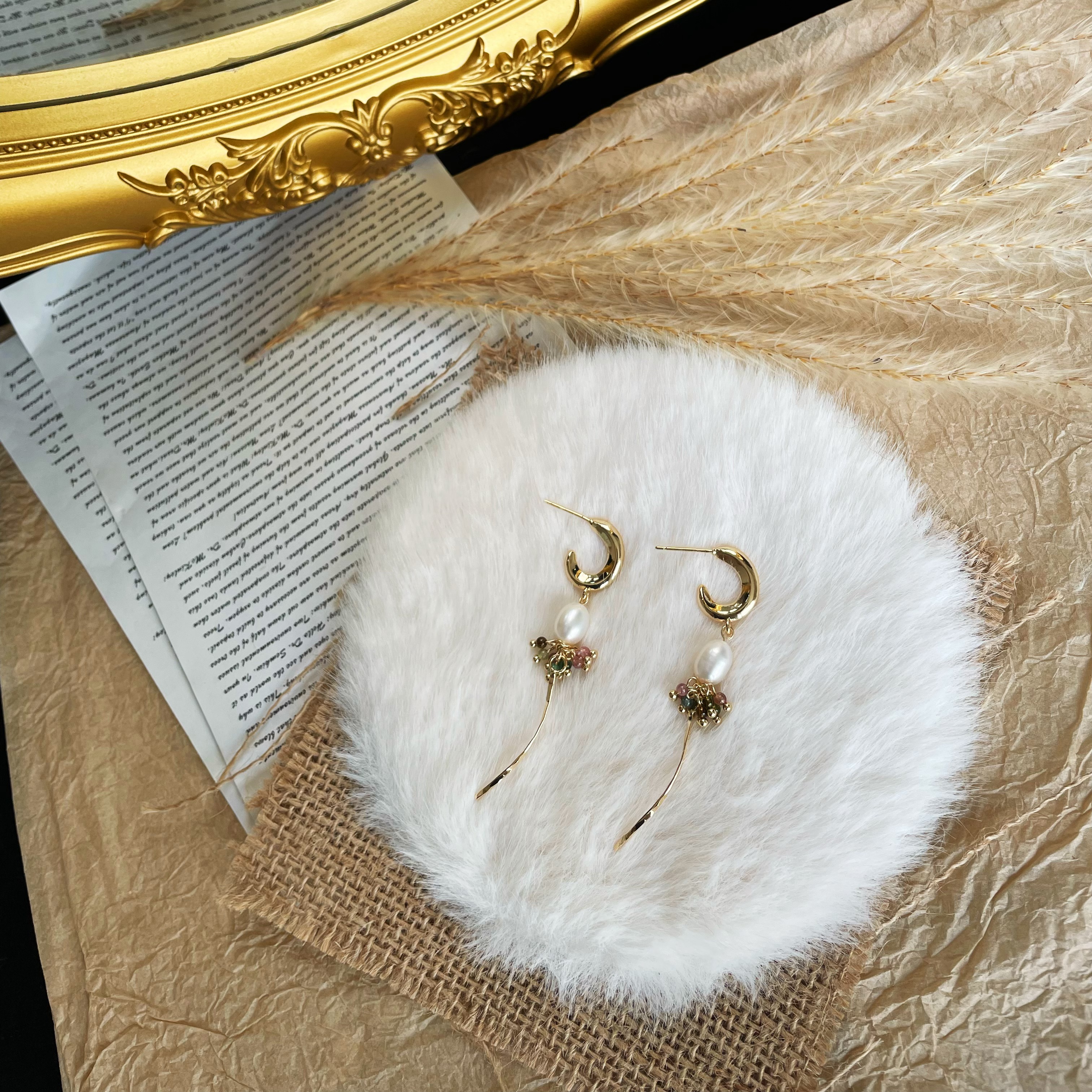 Handmade Tourmaline Cluster and Pearl Long Earrings Elegant Dangle