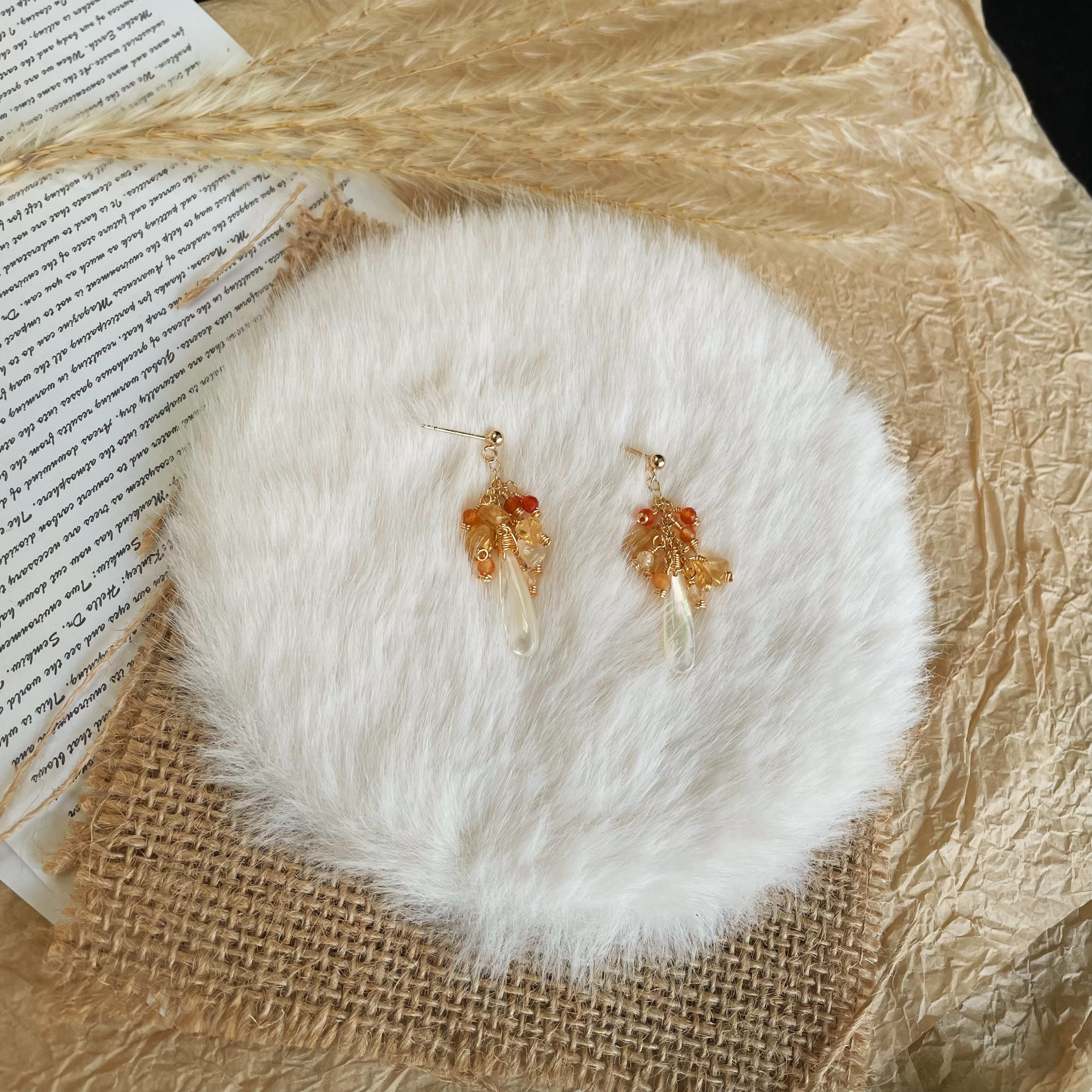 Handmade Golden Christmas Tree Earrings Citrine Red Agate and Mother of Pearl Drop Earrings