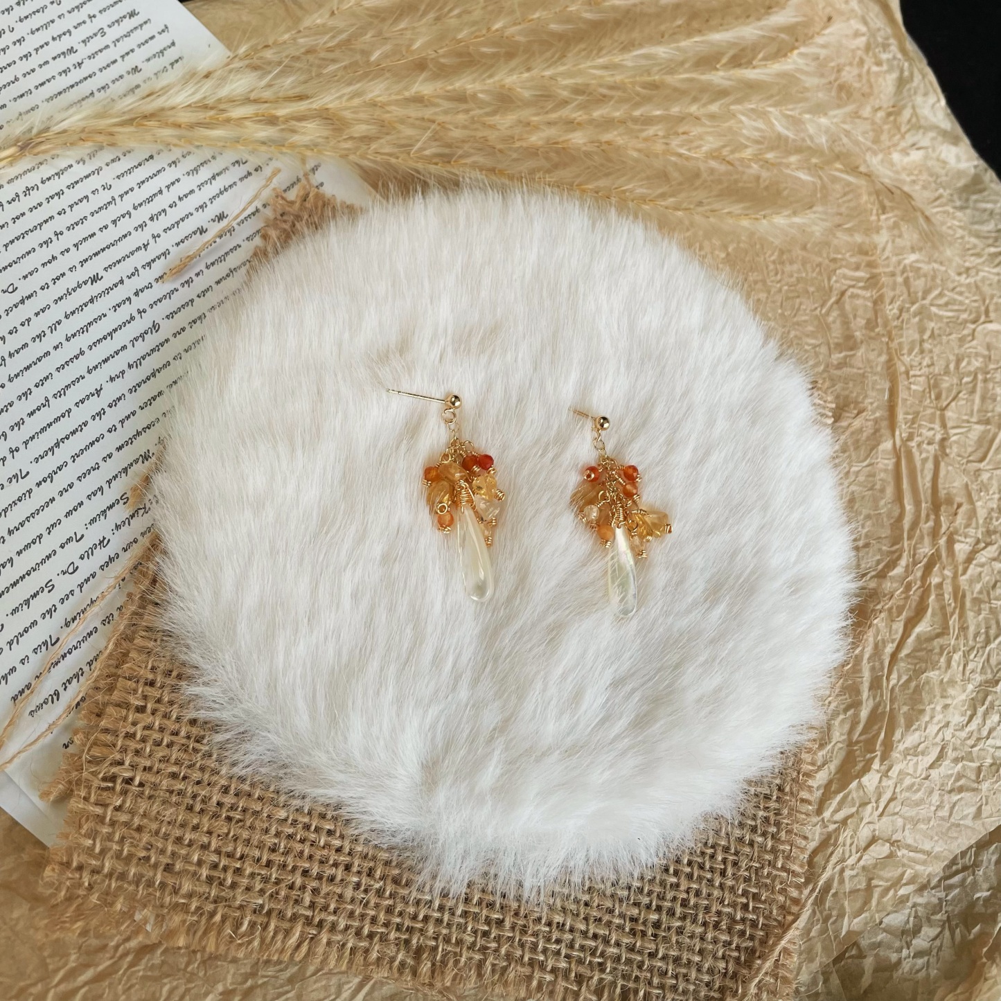 Handmade Golden Christmas Tree Earrings Citrine Red Agate and Mother of Pearl Drop Earrings