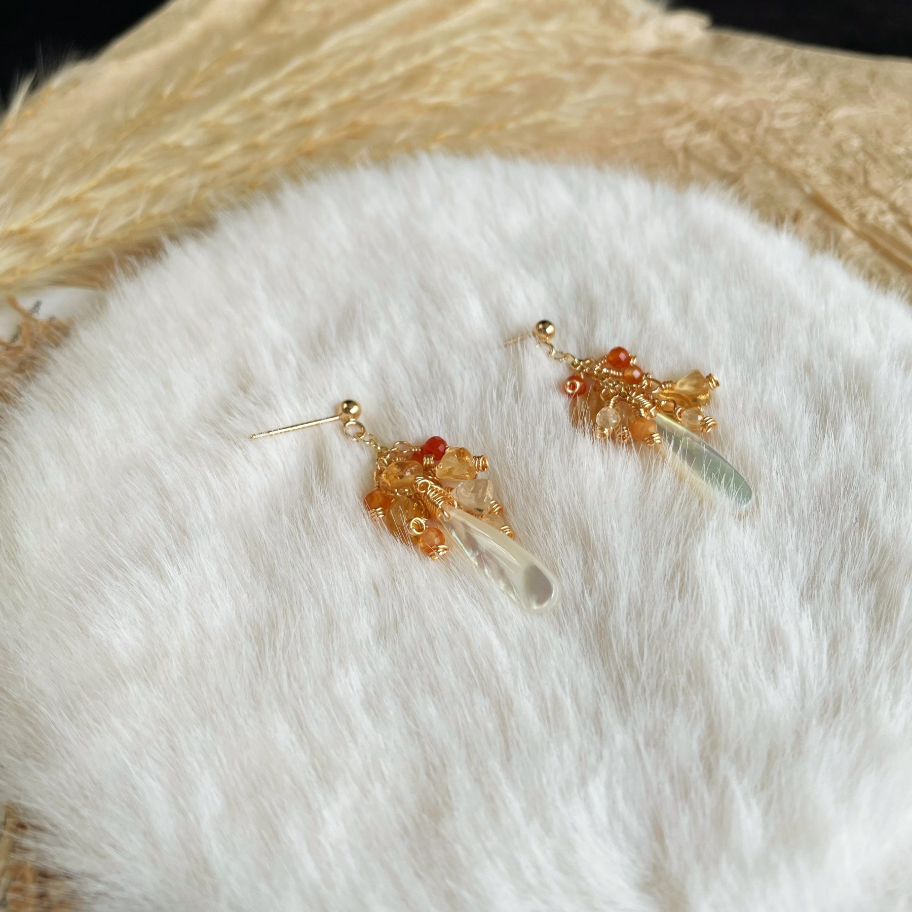 Handmade Golden Christmas Tree Earrings Citrine Red Agate and Mother of Pearl Drop Earrings