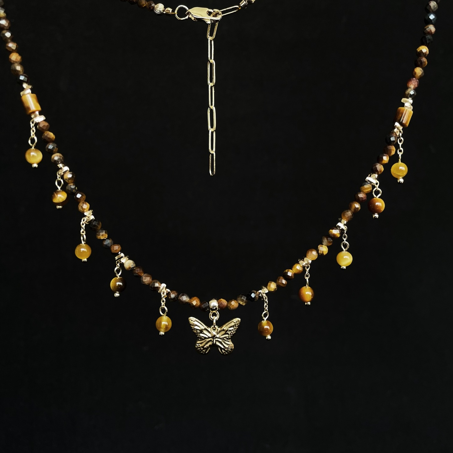 Handmade Tiger’s Eye Beads with Butterfly Charm Necklace Golden Energy and  Elegance