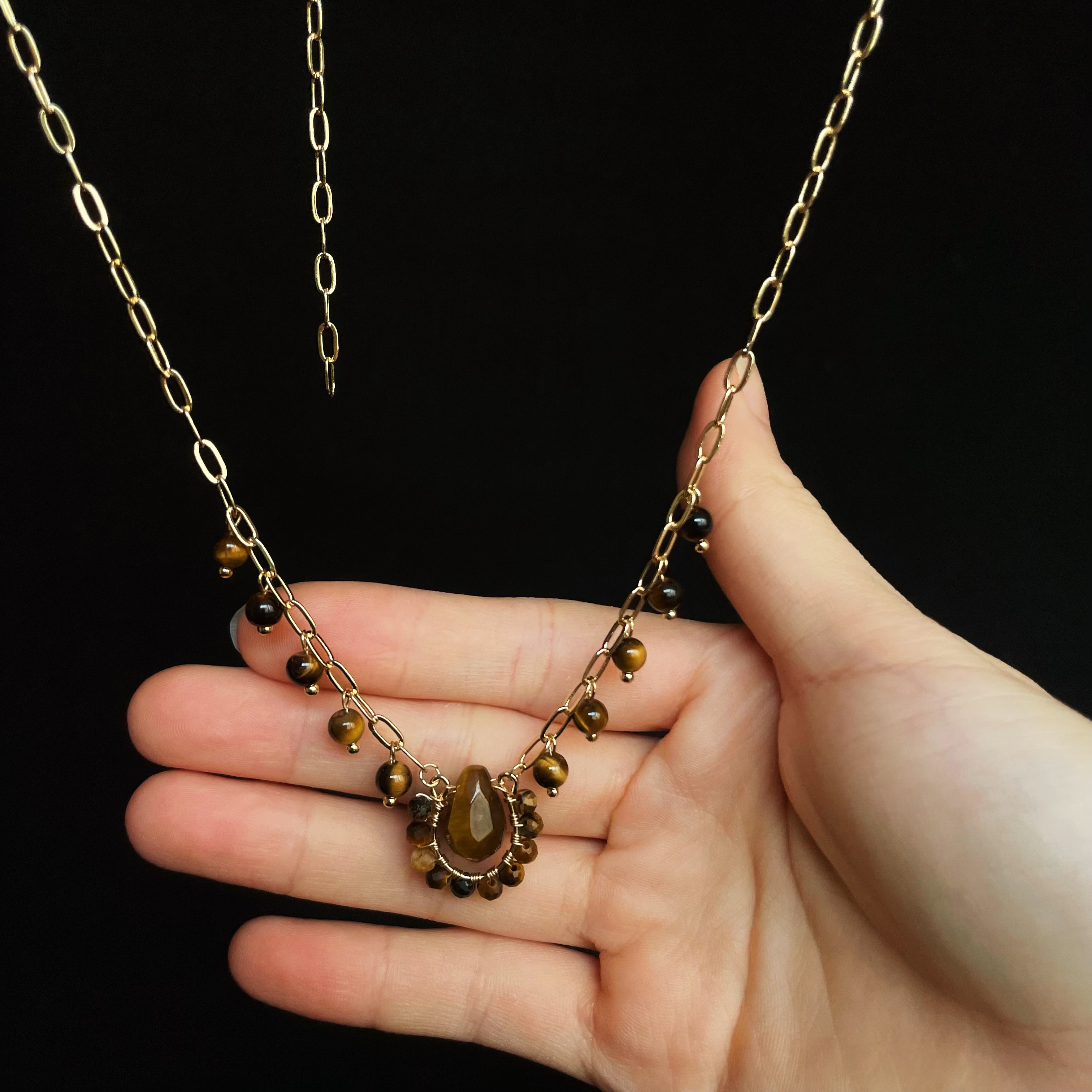 Handmade Tiger’s Eye Teardrop Pendant with Beaded Fringe Statement Necklace