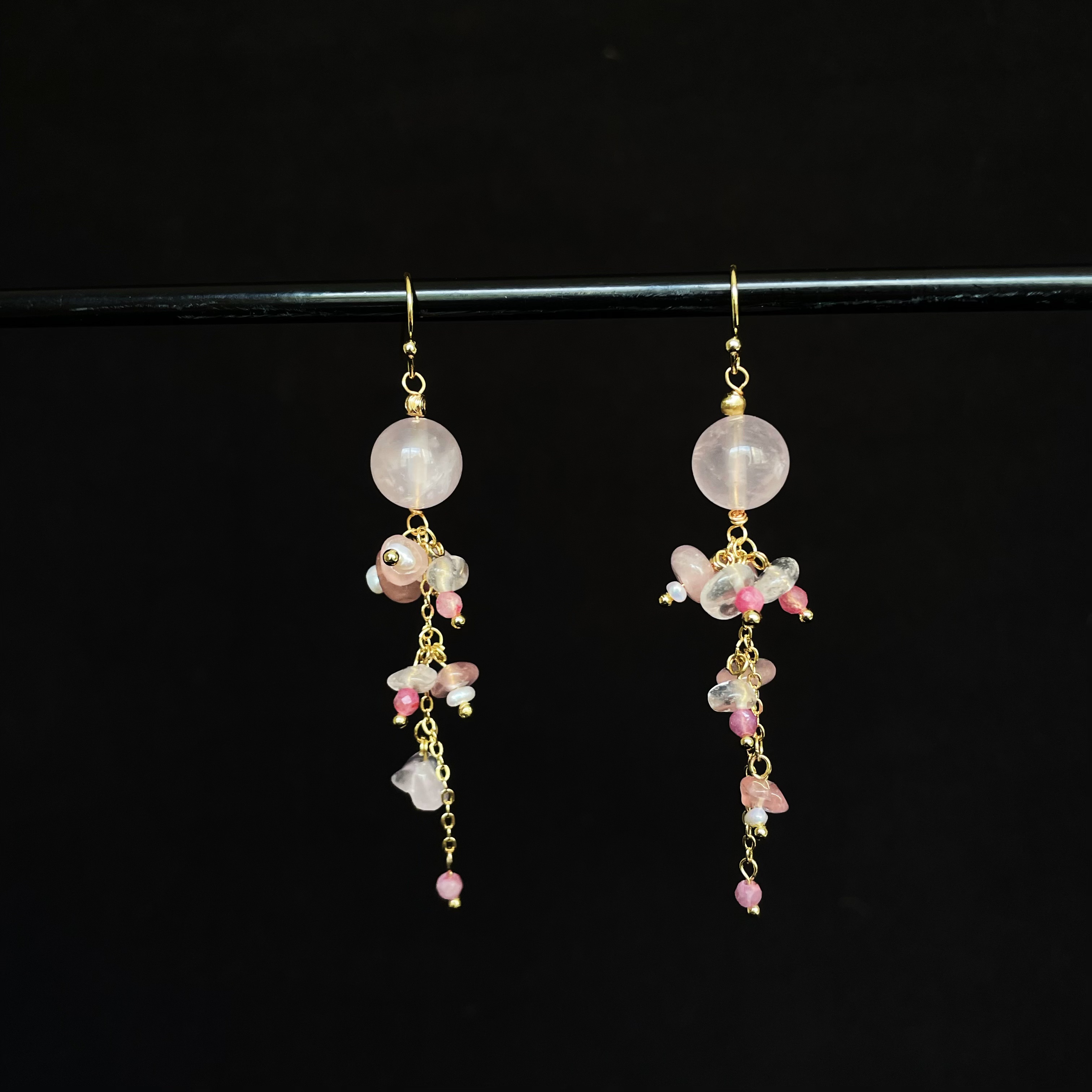 Handmade Rose Quartz Pink Tourmaline and Freshwater Pearl Floral Vine Earrings
