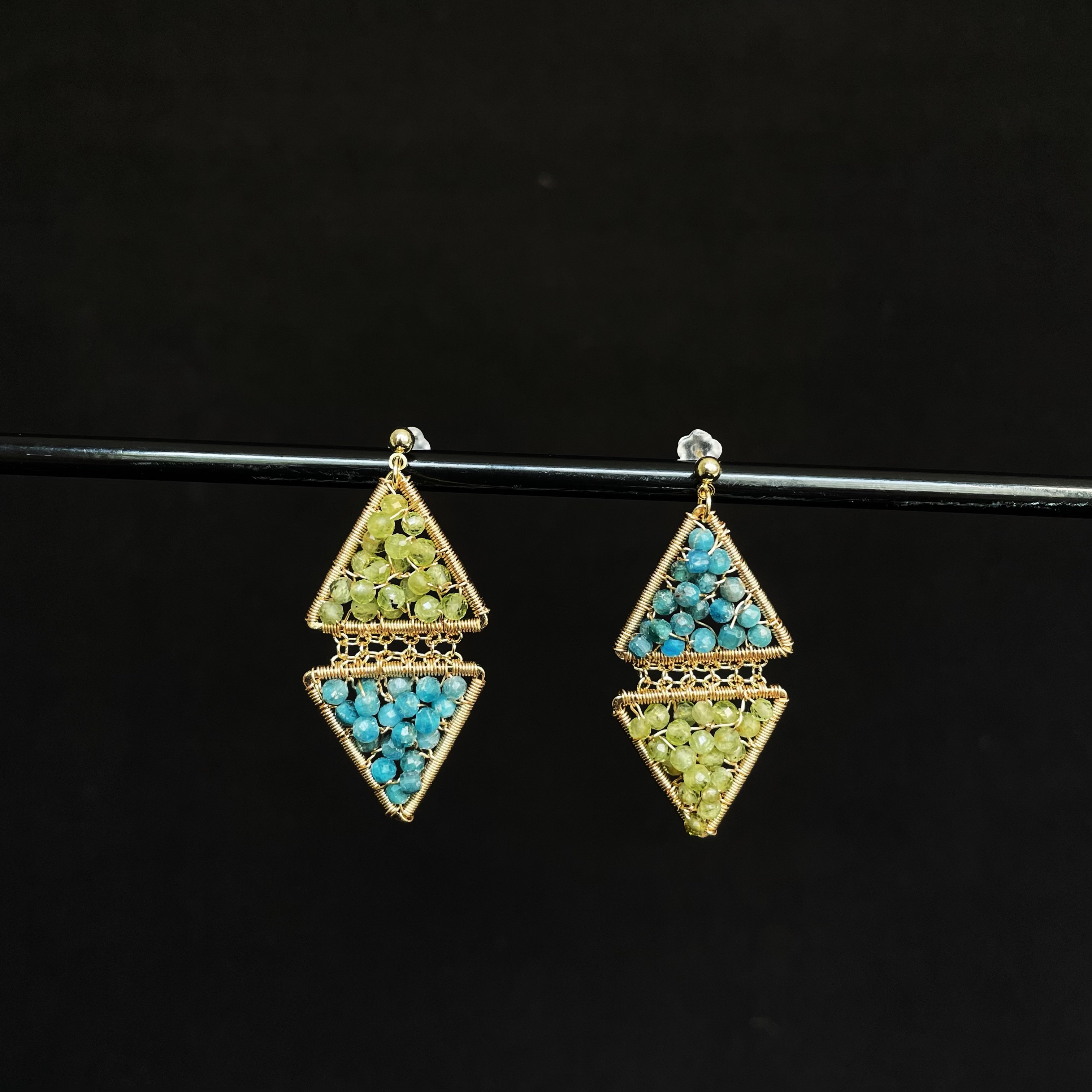 Handmade Blue Apatite and Peridot Beads Wire Wrapped Triangle Earrings