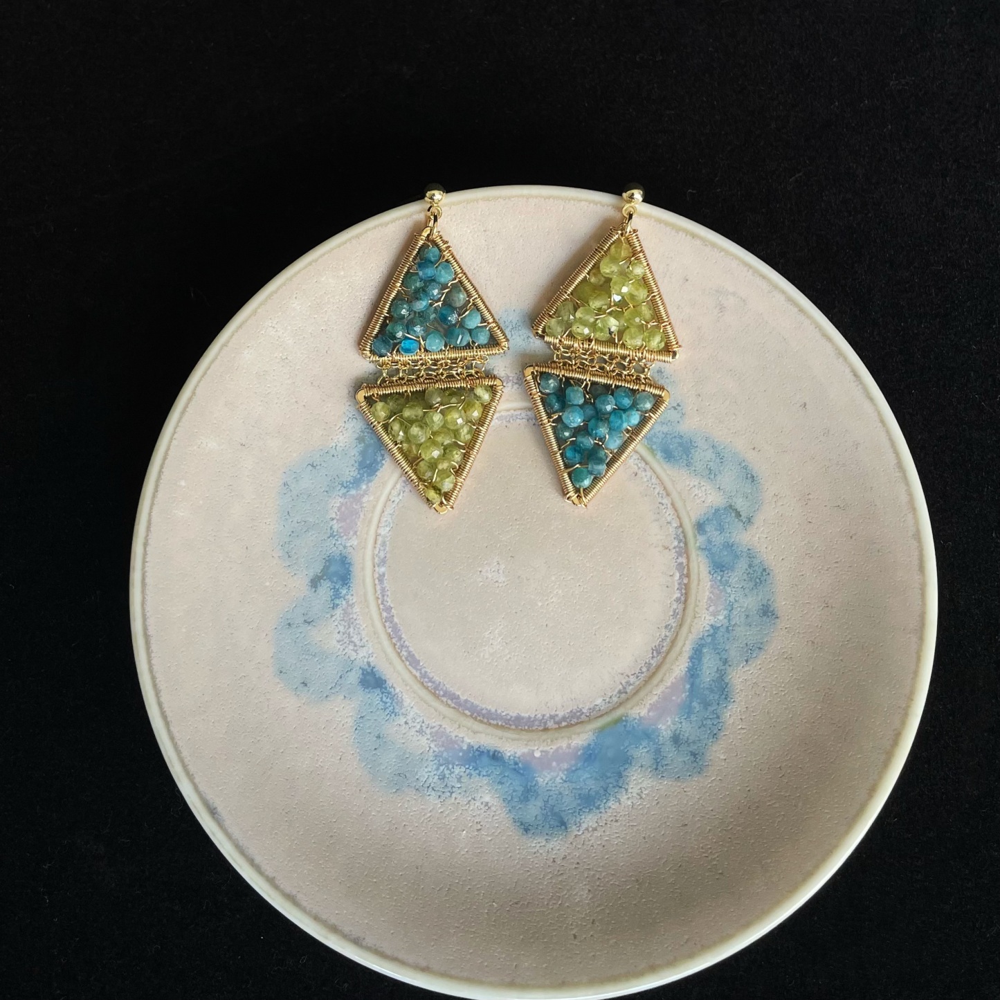 Handmade Blue Apatite and Peridot Beads Wire Wrapped Triangle Earrings