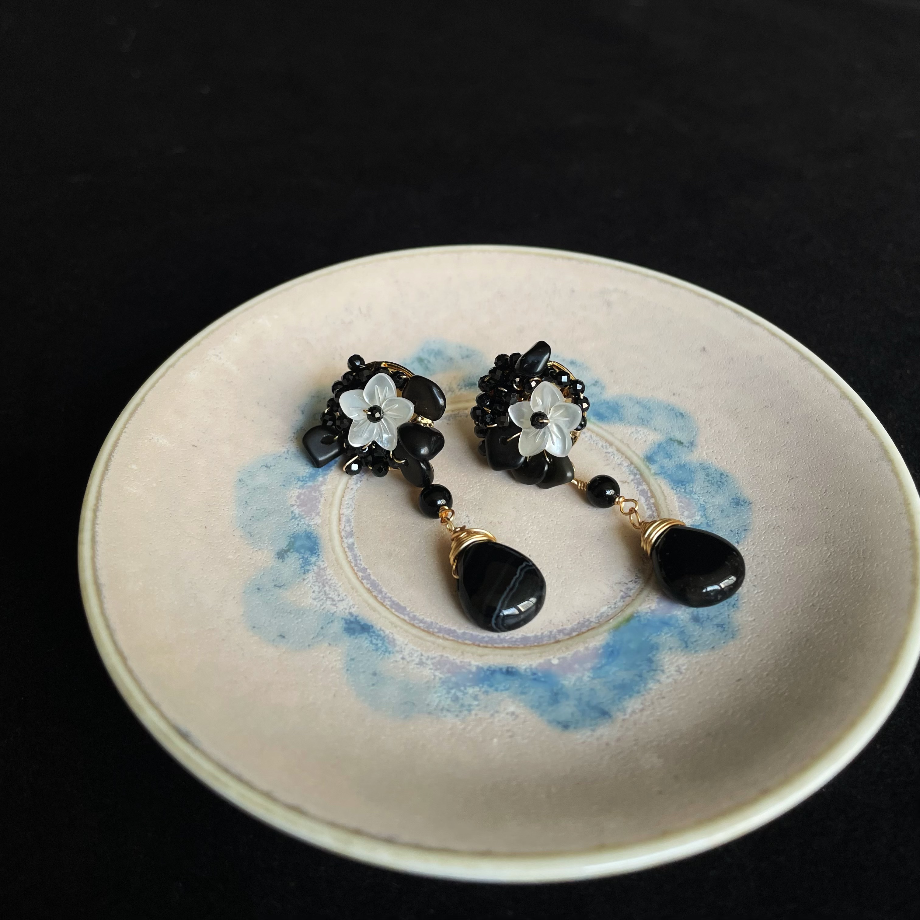 Handmade Black Spinel and Obsidian wirewrapped with Mother of Pearl Flower Earrings