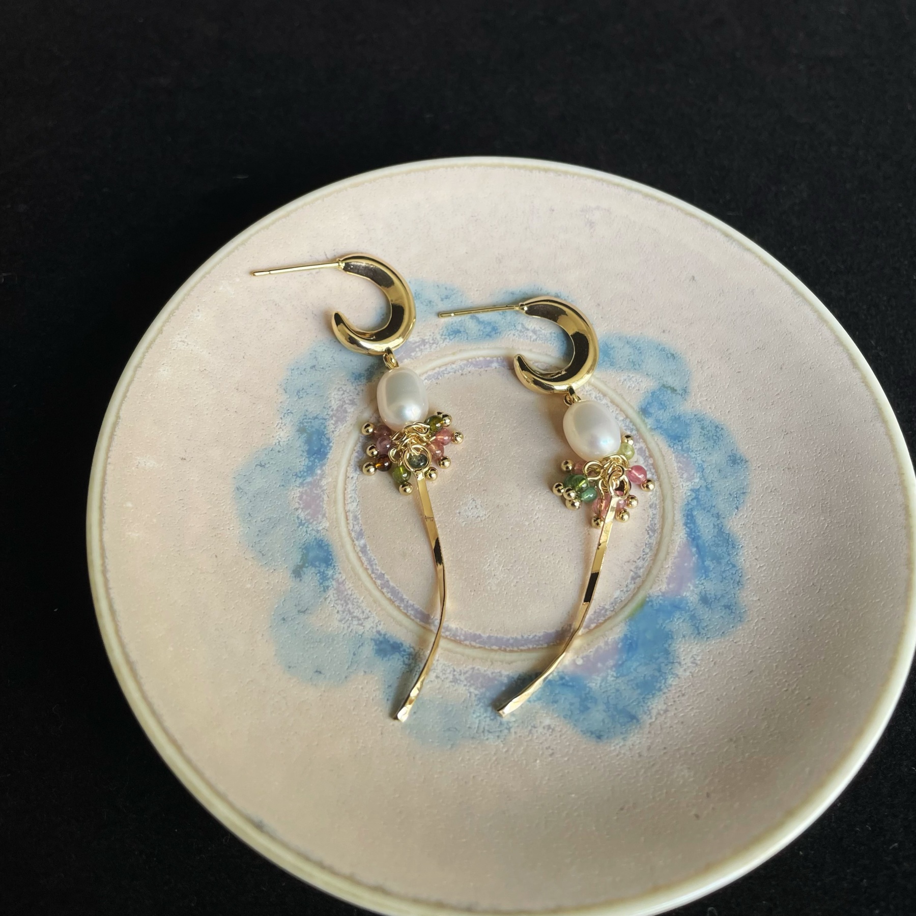 Handmade Tourmaline Cluster and Pearl Long Earrings Elegant Dangle