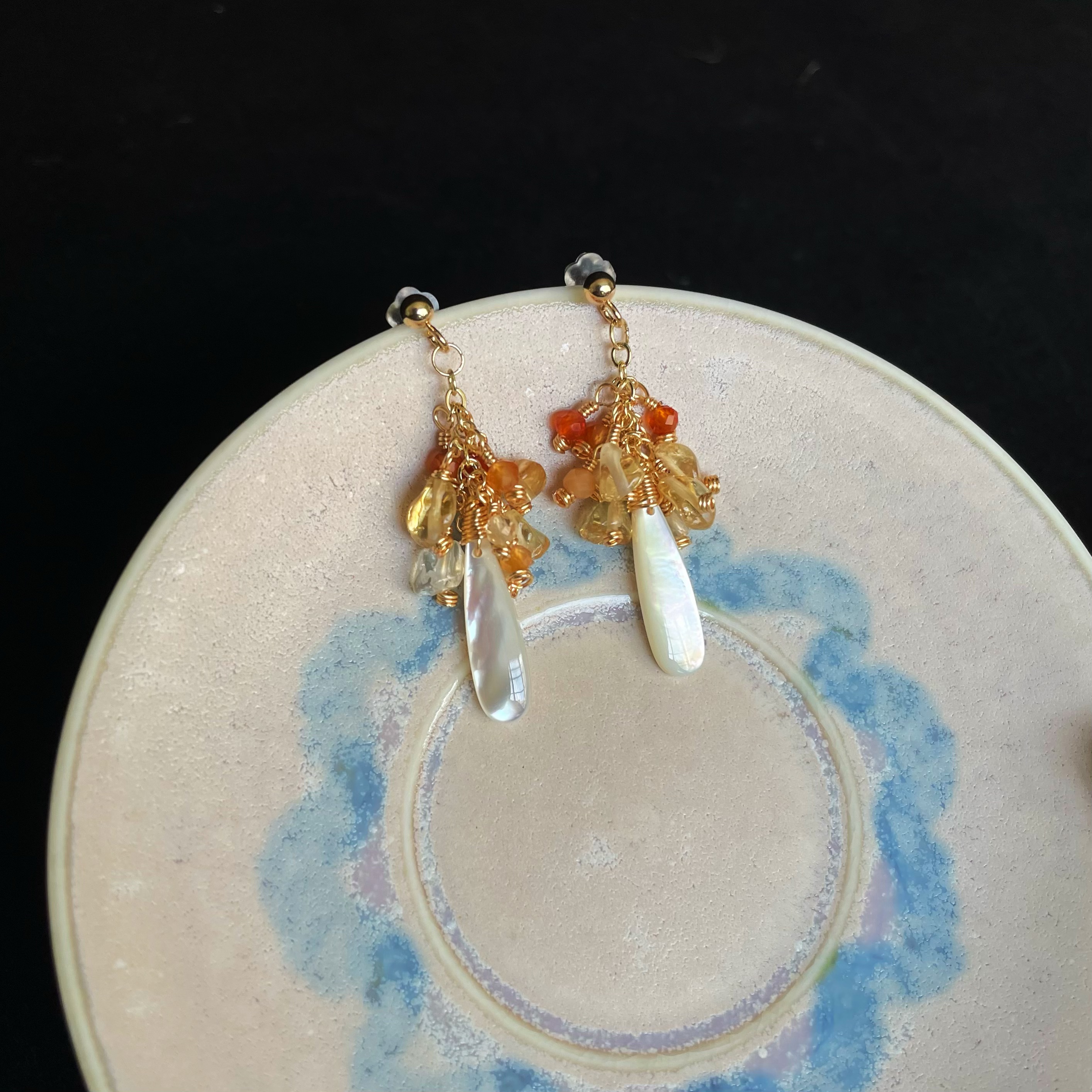 Handmade Golden Christmas Tree Earrings Citrine Red Agate and Mother of Pearl Drop Earrings
