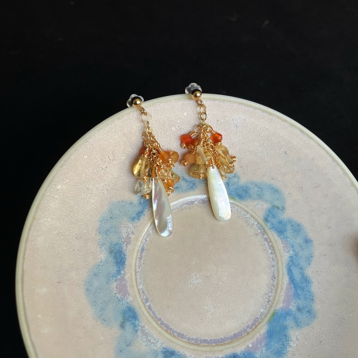 Handmade Golden Christmas Tree Earrings Citrine Red Agate and Mother of Pearl Drop Earrings